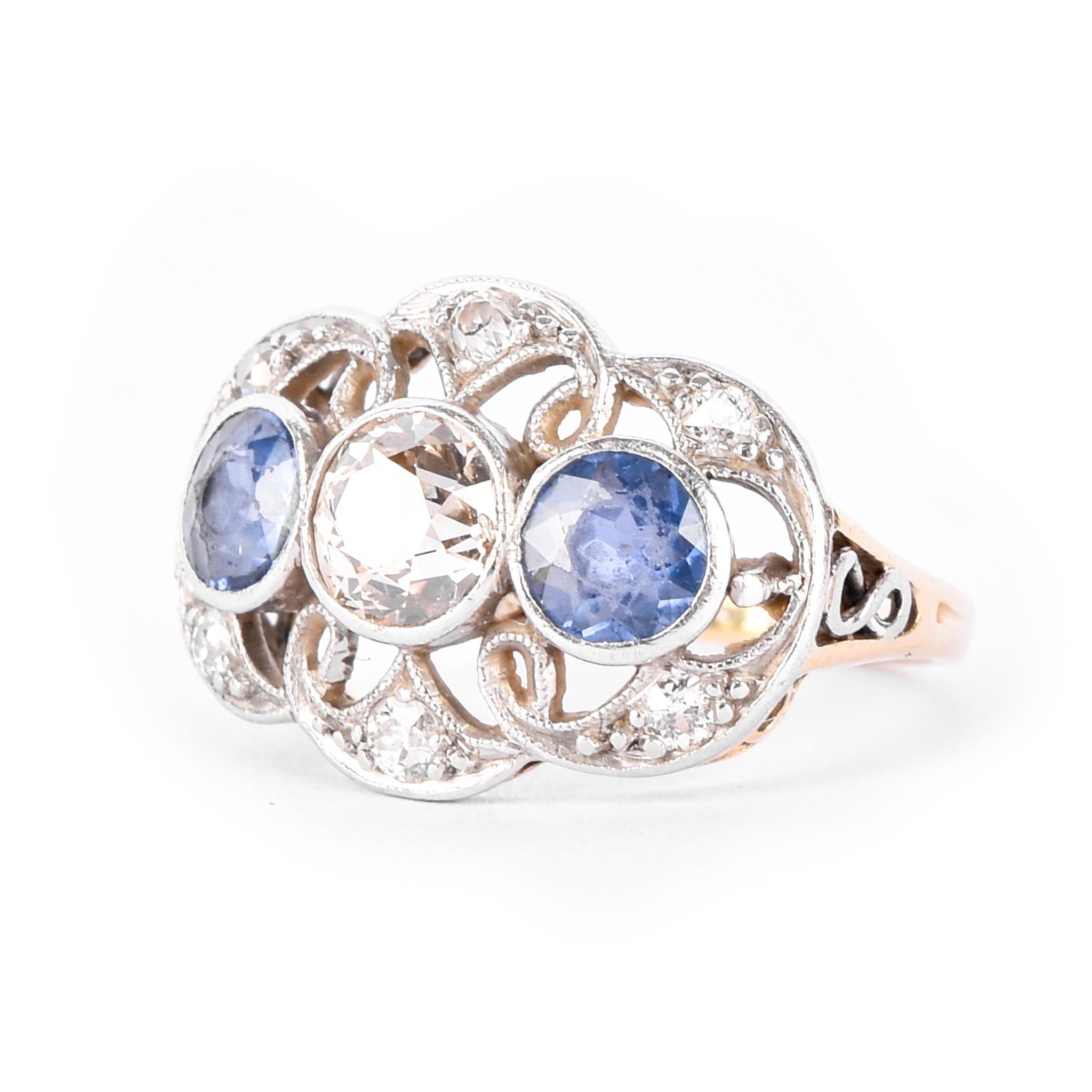 Art Deco 14K Gold & Platinum Natural Diamond and Sapphire Statement Ring