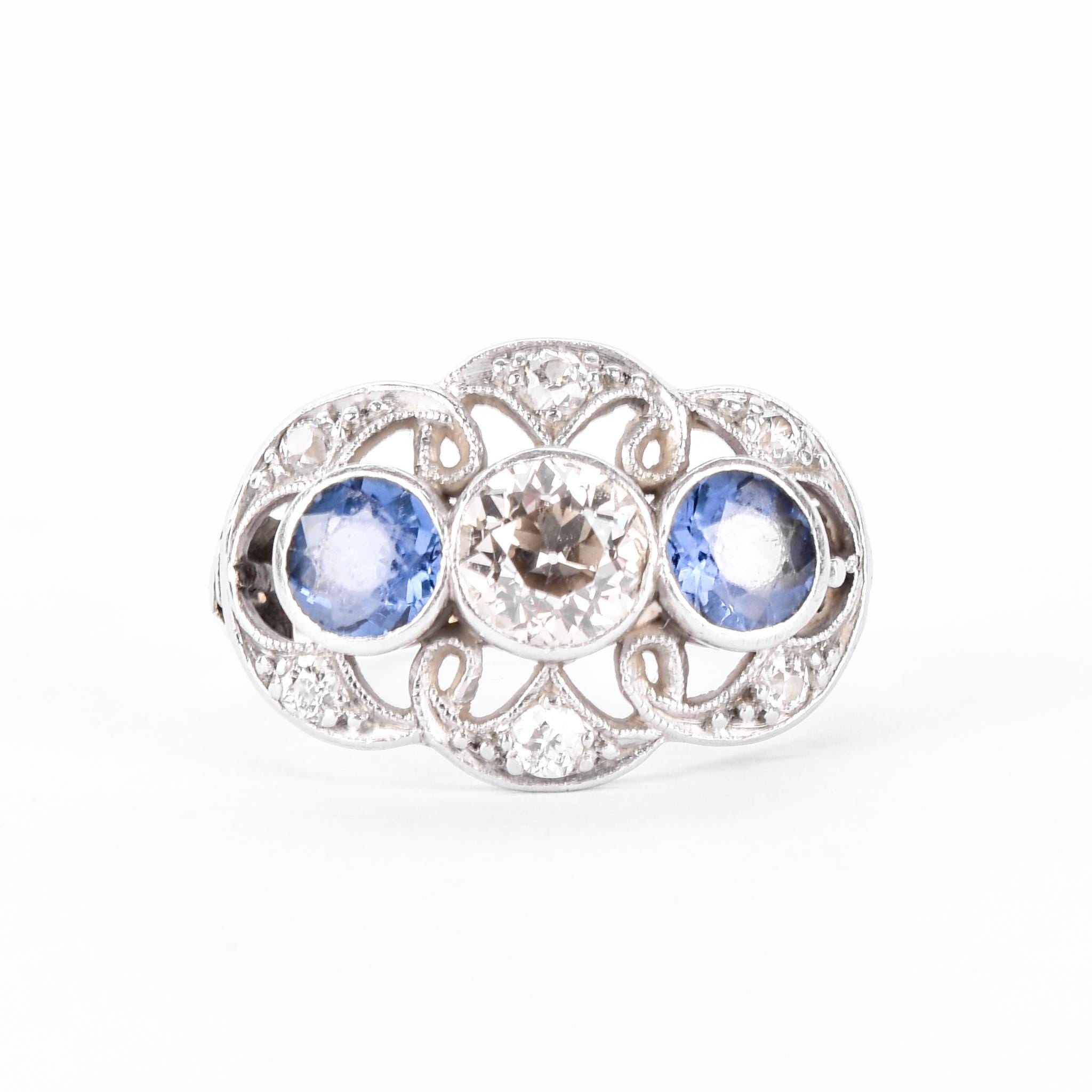 Art Deco 14K Gold & Platinum Natural Diamond and Sapphire Statement Ring