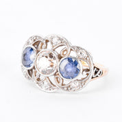 Art Deco 14K Gold & Platinum Natural Diamond and Sapphire Statement Ring