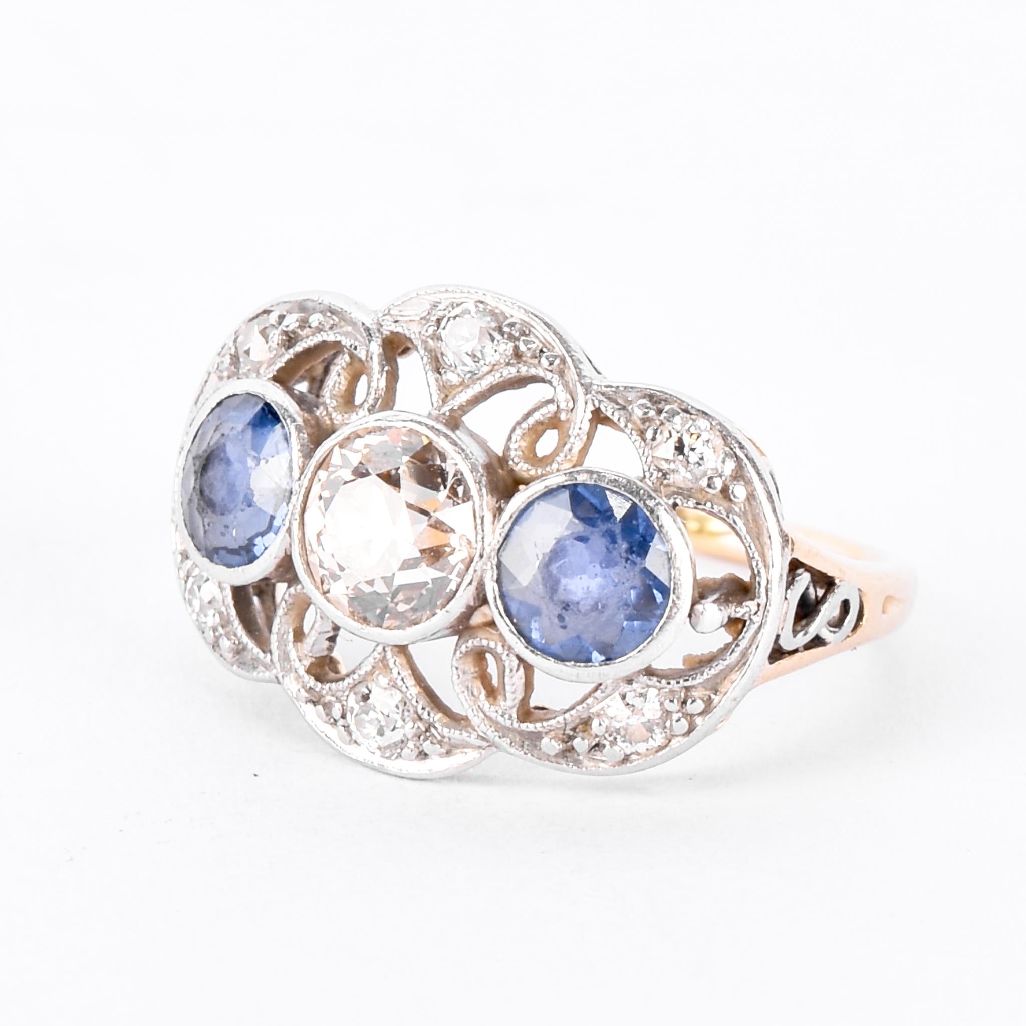 Art Deco 14K Gold & Platinum Natural Diamond and Sapphire Statement Ring