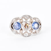 Art Deco 14K Gold & Platinum Natural Diamond and Sapphire Statement Ring