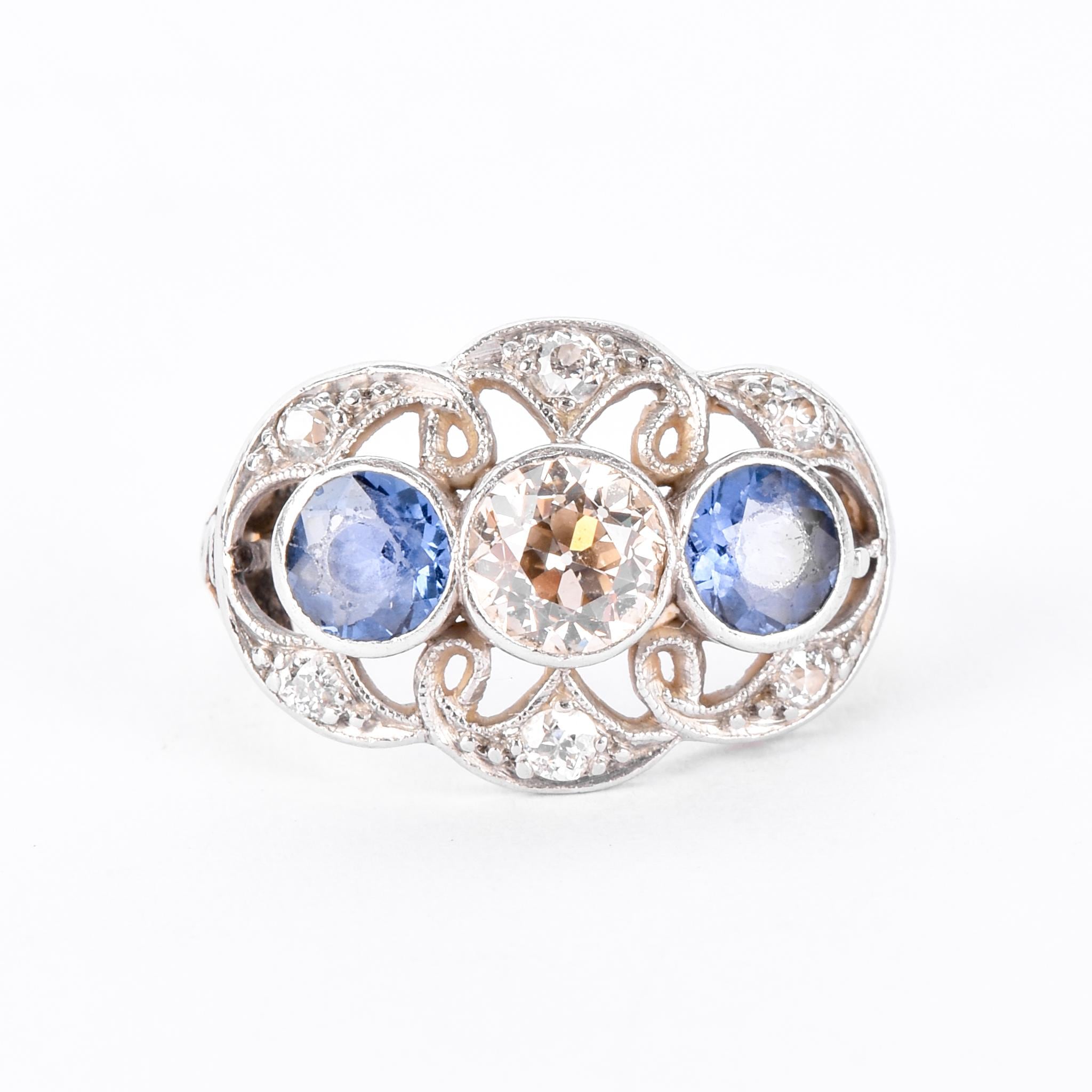 Art Deco 14K Gold & Platinum Natural Diamond and Sapphire Statement Ring