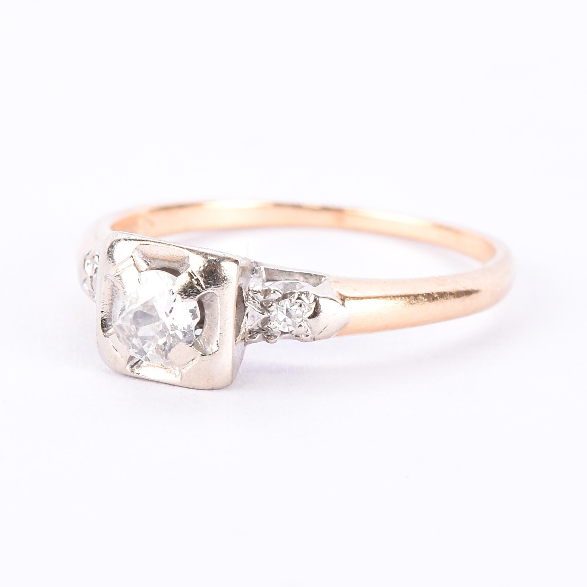 14K Gold Old European Cut Natural Diamond Engagement Ring