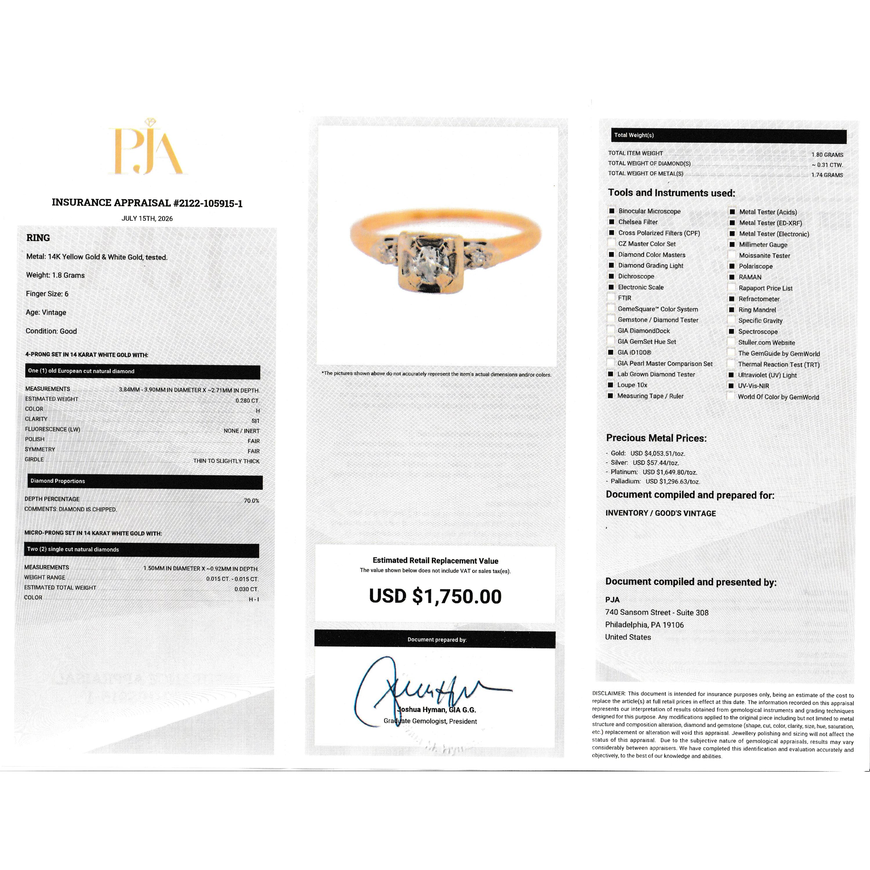 14K Gold Old European Cut Natural Diamond Engagement Ring