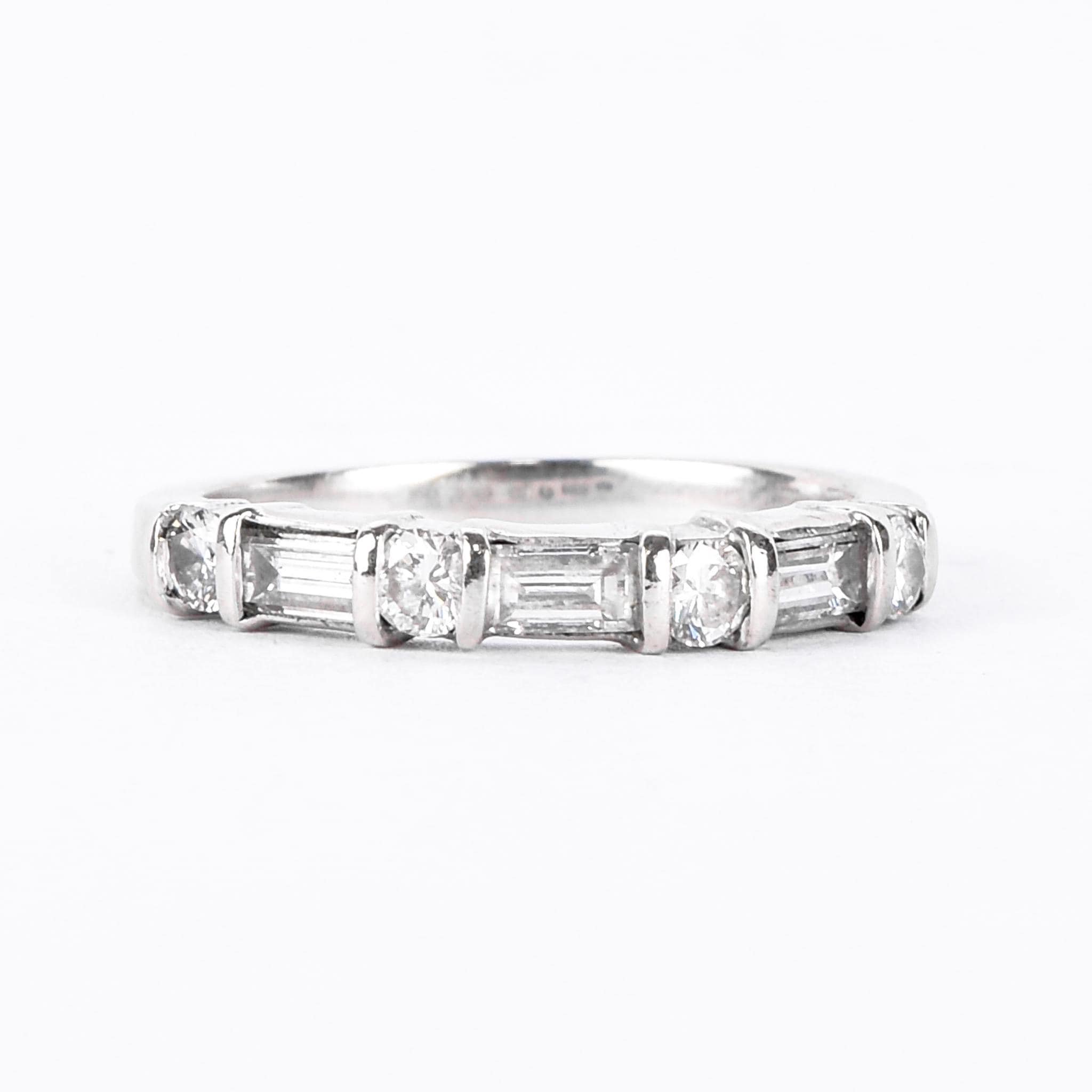 18K White Gold Natural Round and Baguette Diamond Wedding Band