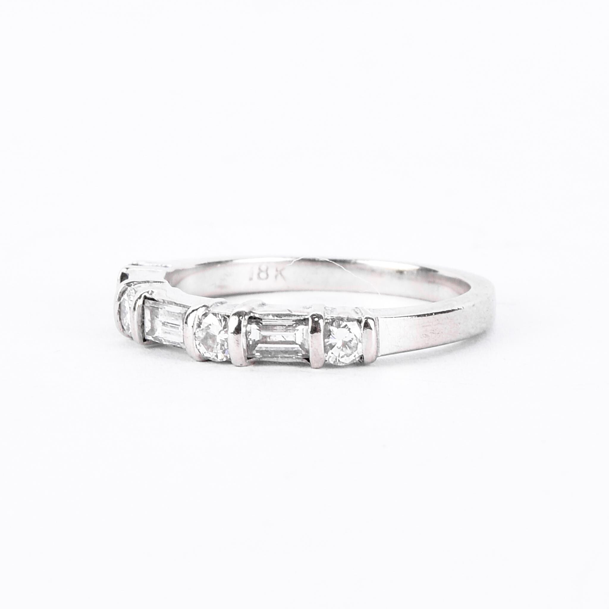 18K White Gold Natural Round and Baguette Diamond Wedding Band