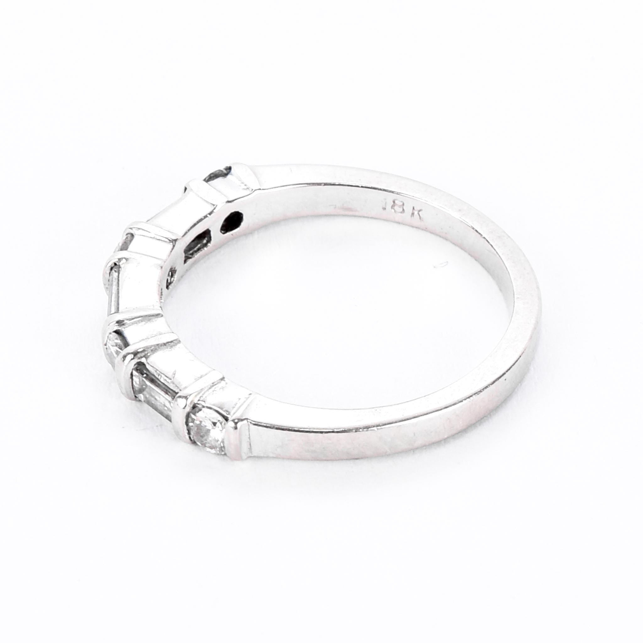 18K White Gold Natural Round and Baguette Diamond Wedding Band