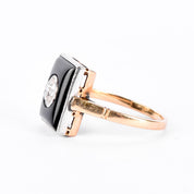 18K Gold & Platinum Old Mine Cut Natural Diamond in Onyx Statement Ring