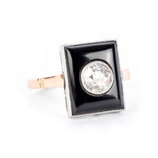 18K Gold & Platinum Old Mine Cut Natural Diamond in Onyx Statement Ring