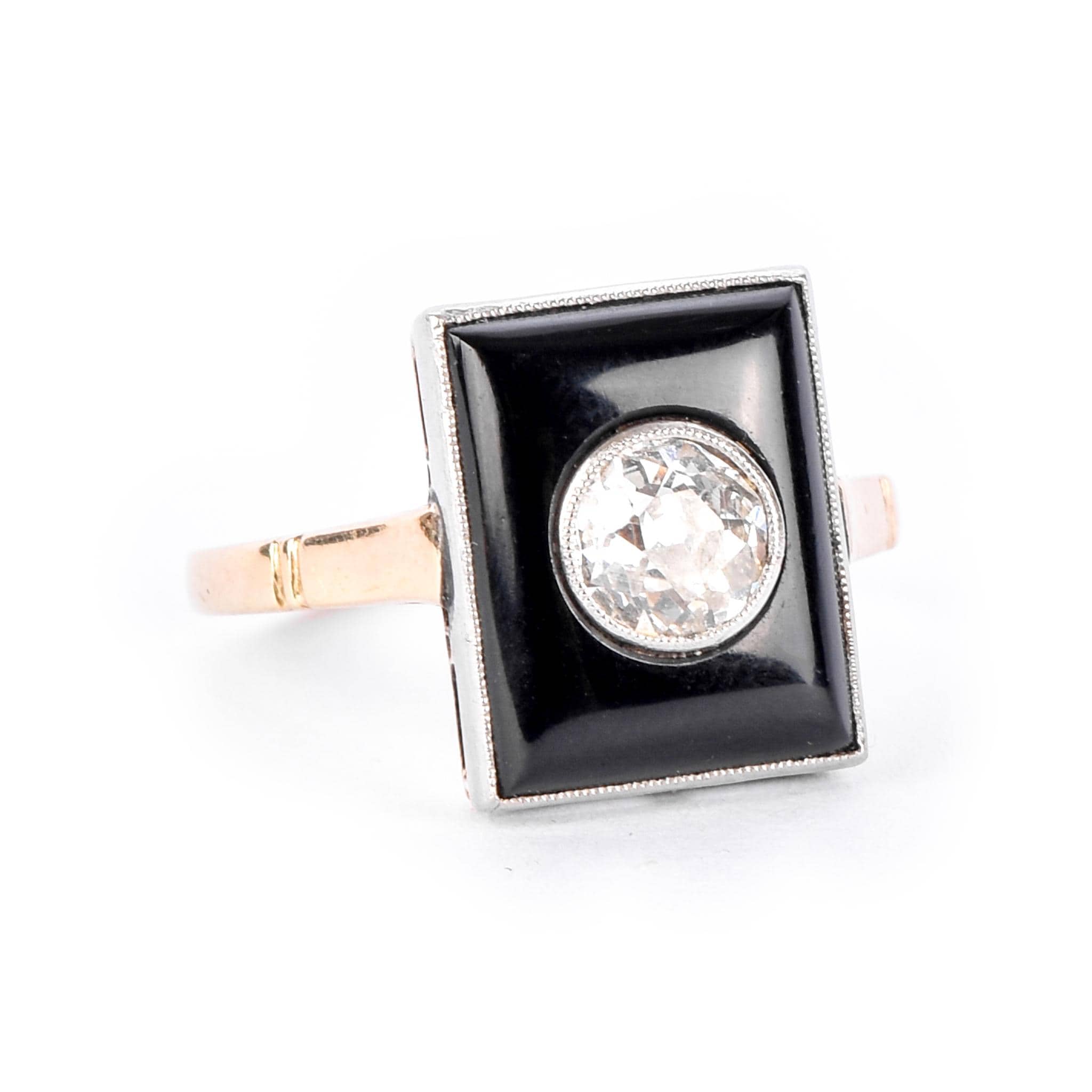 18K Gold & Platinum Old Mine Cut Natural Diamond in Onyx Statement Ring