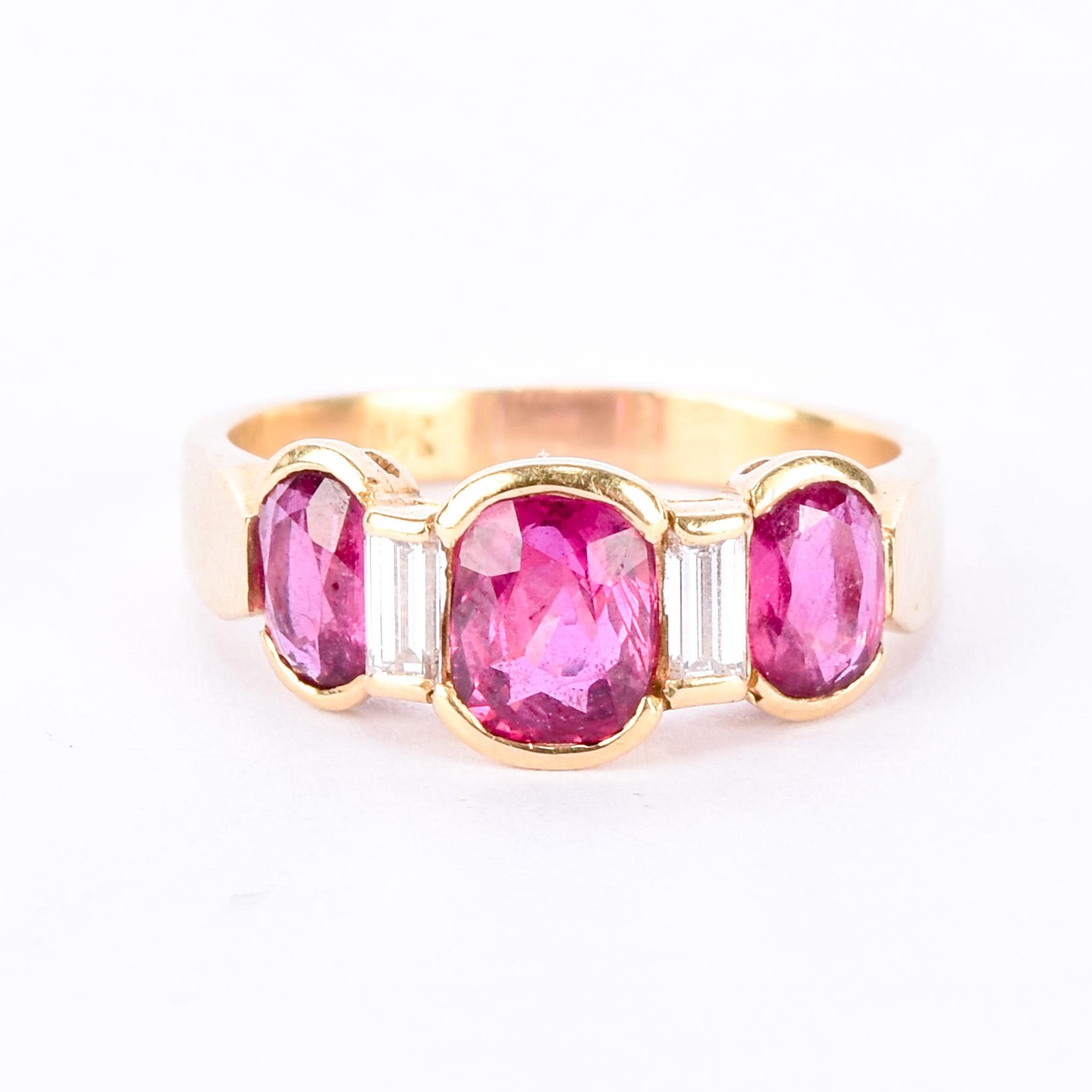 18K Gold 2.21 TCW Natural Ruby and Diamond Three Stone Statement Ring