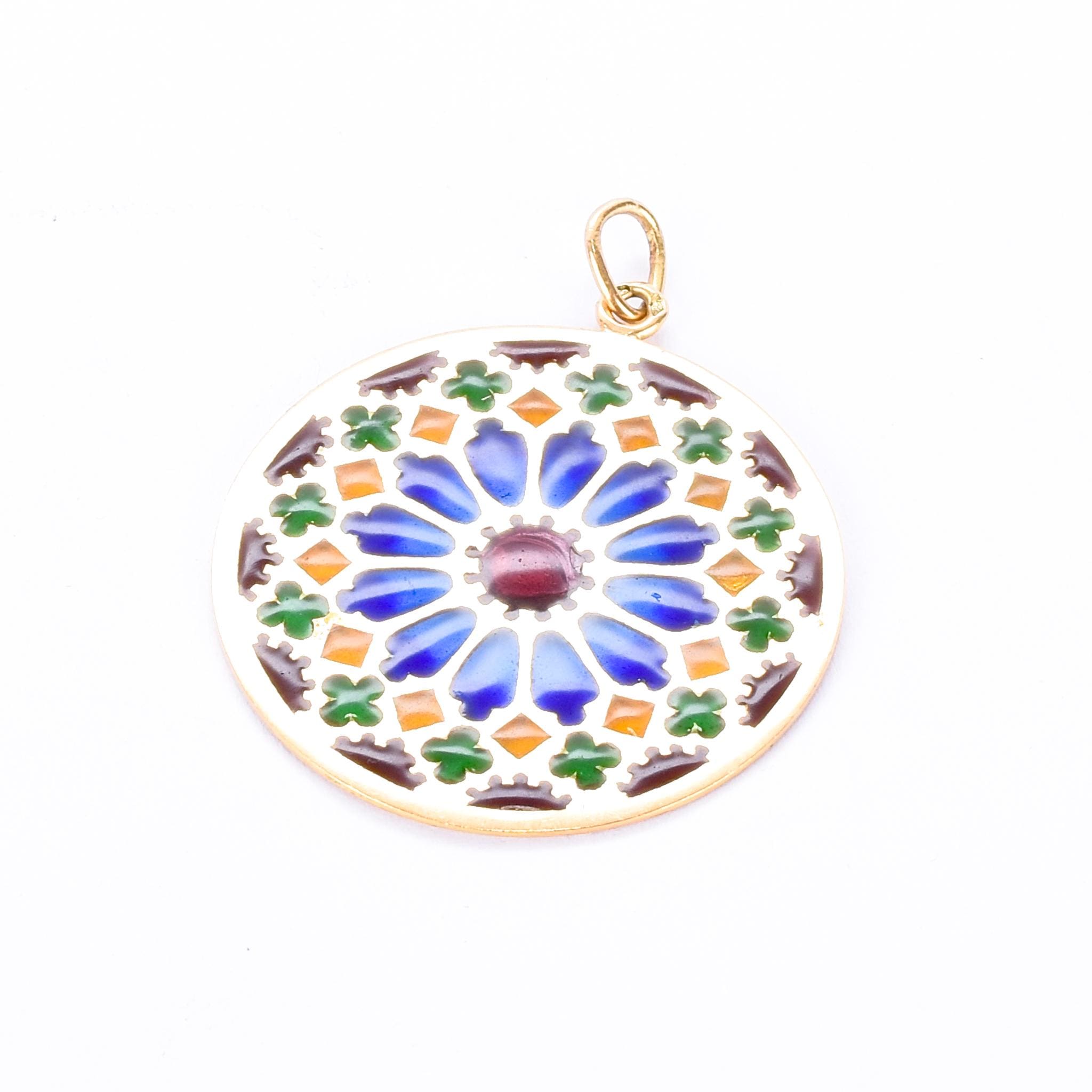 18K Gold French Art Deco Large Plique-à-Jour Pendant