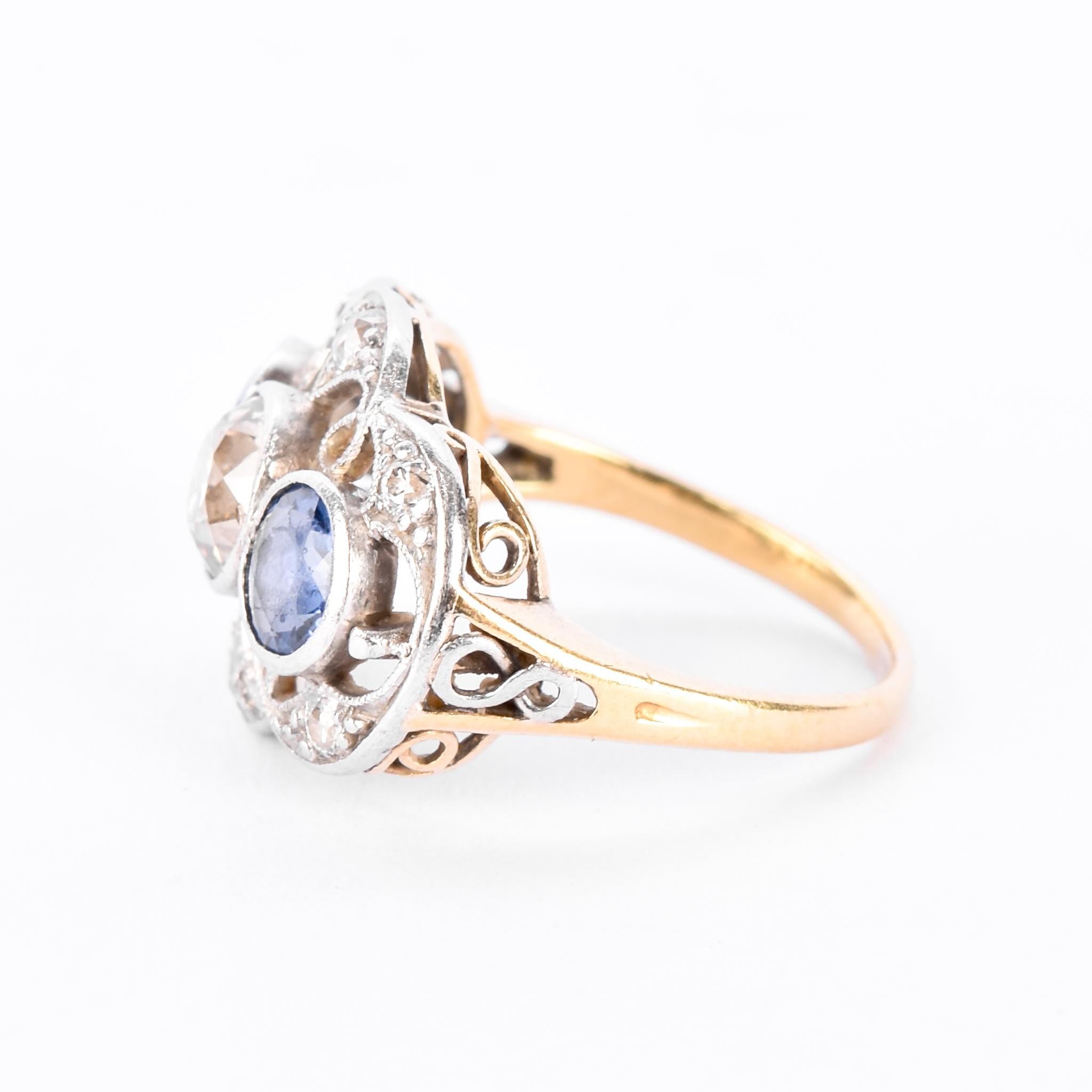 Art Deco 14K Gold & Platinum Natural Diamond and Sapphire Statement Ring