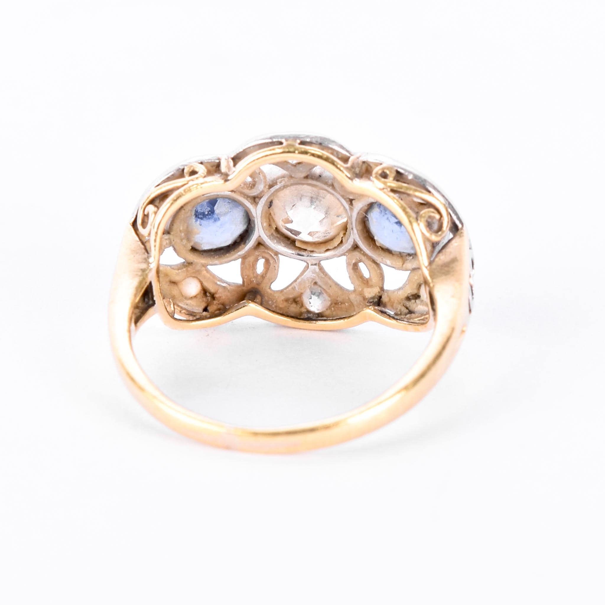 Art Deco 14K Gold & Platinum Natural Diamond and Sapphire Statement Ring