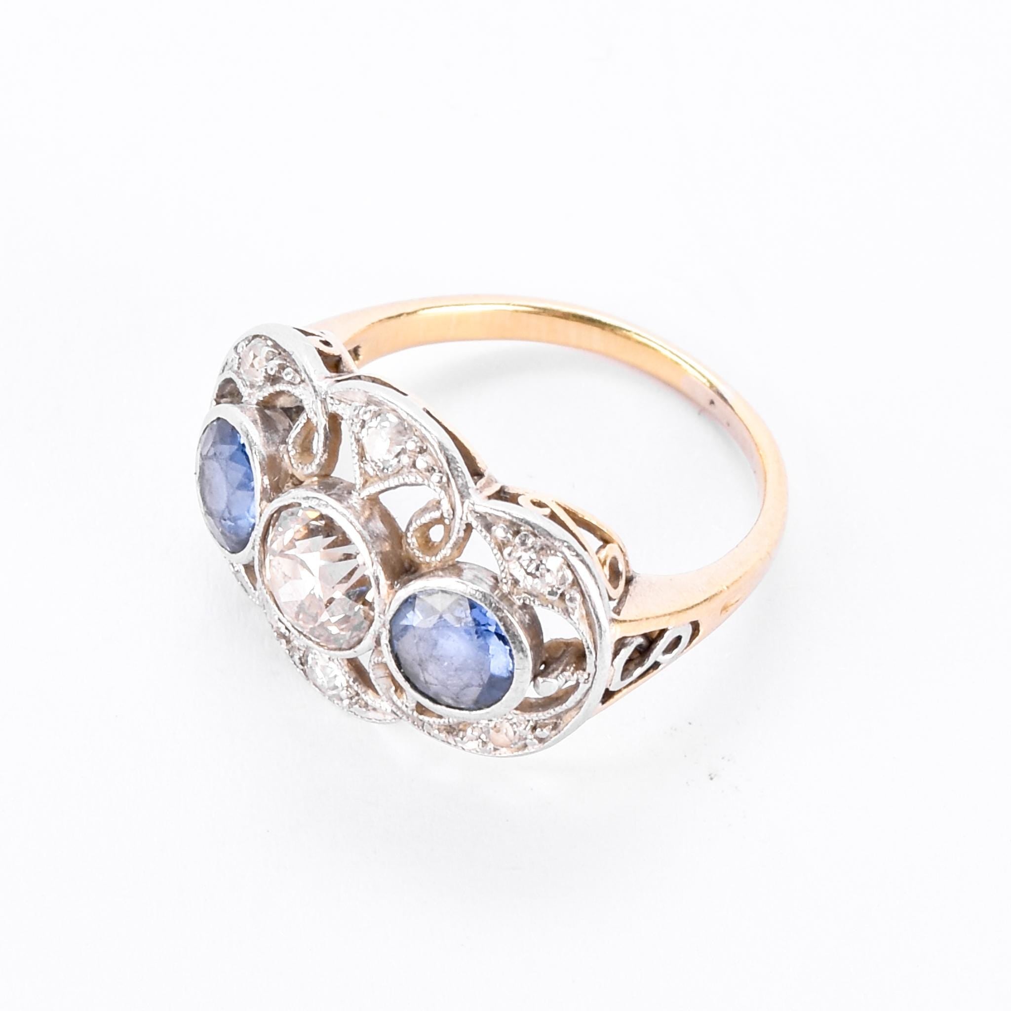 Art Deco 14K Gold & Platinum Natural Diamond and Sapphire Statement Ring