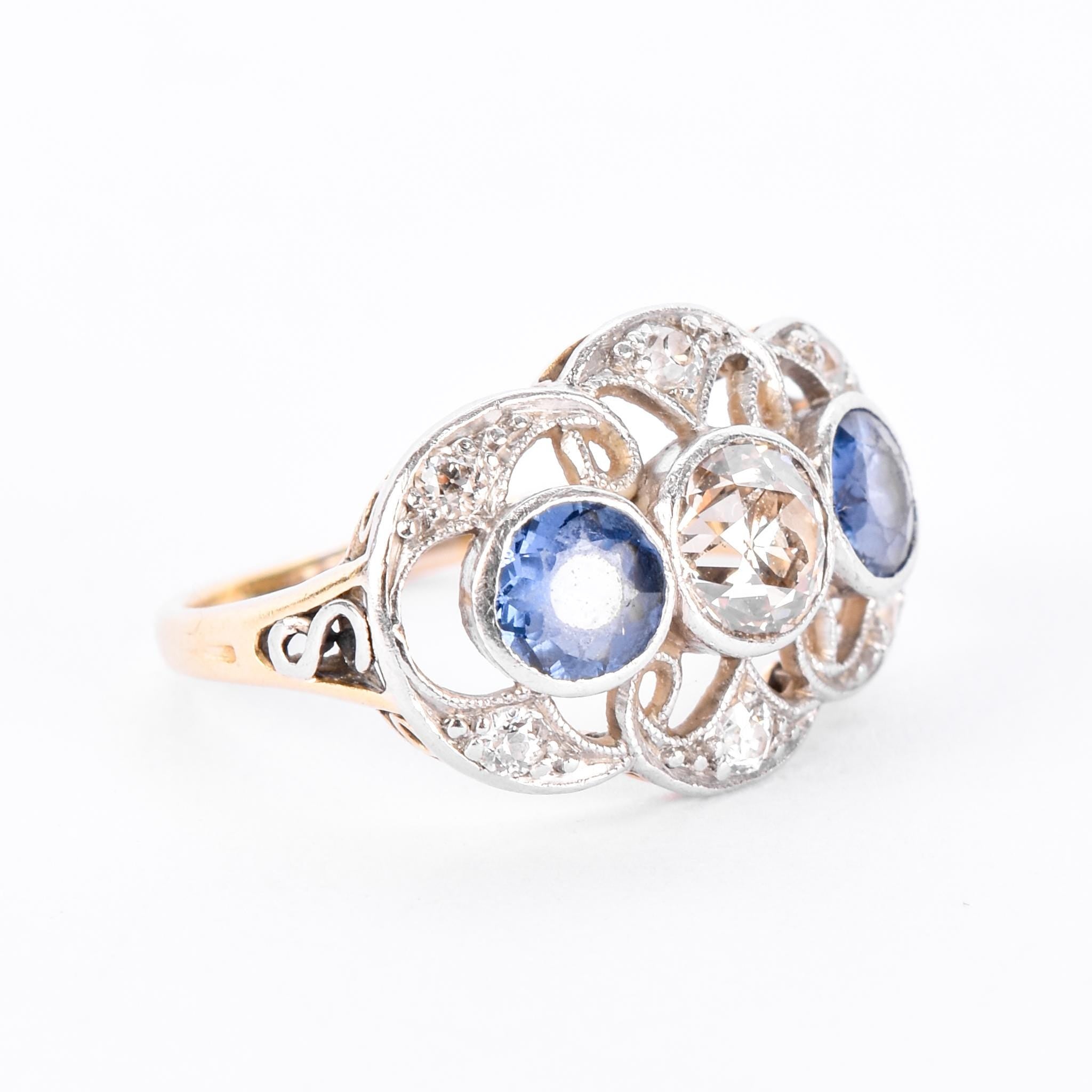 Art Deco 14K Gold & Platinum Natural Diamond and Sapphire Statement Ring