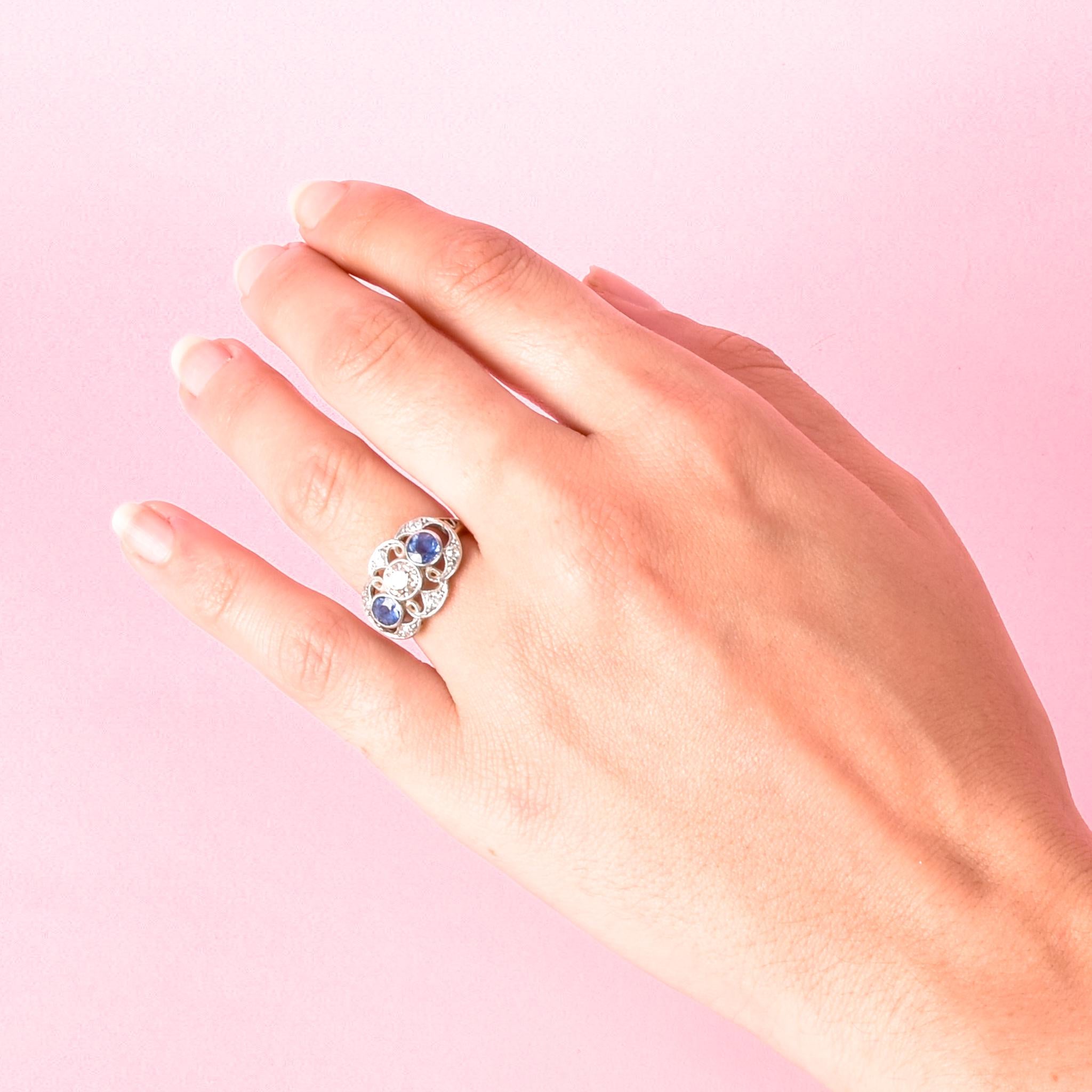 Art Deco 14K Gold & Platinum Natural Diamond and Sapphire Statement Ring