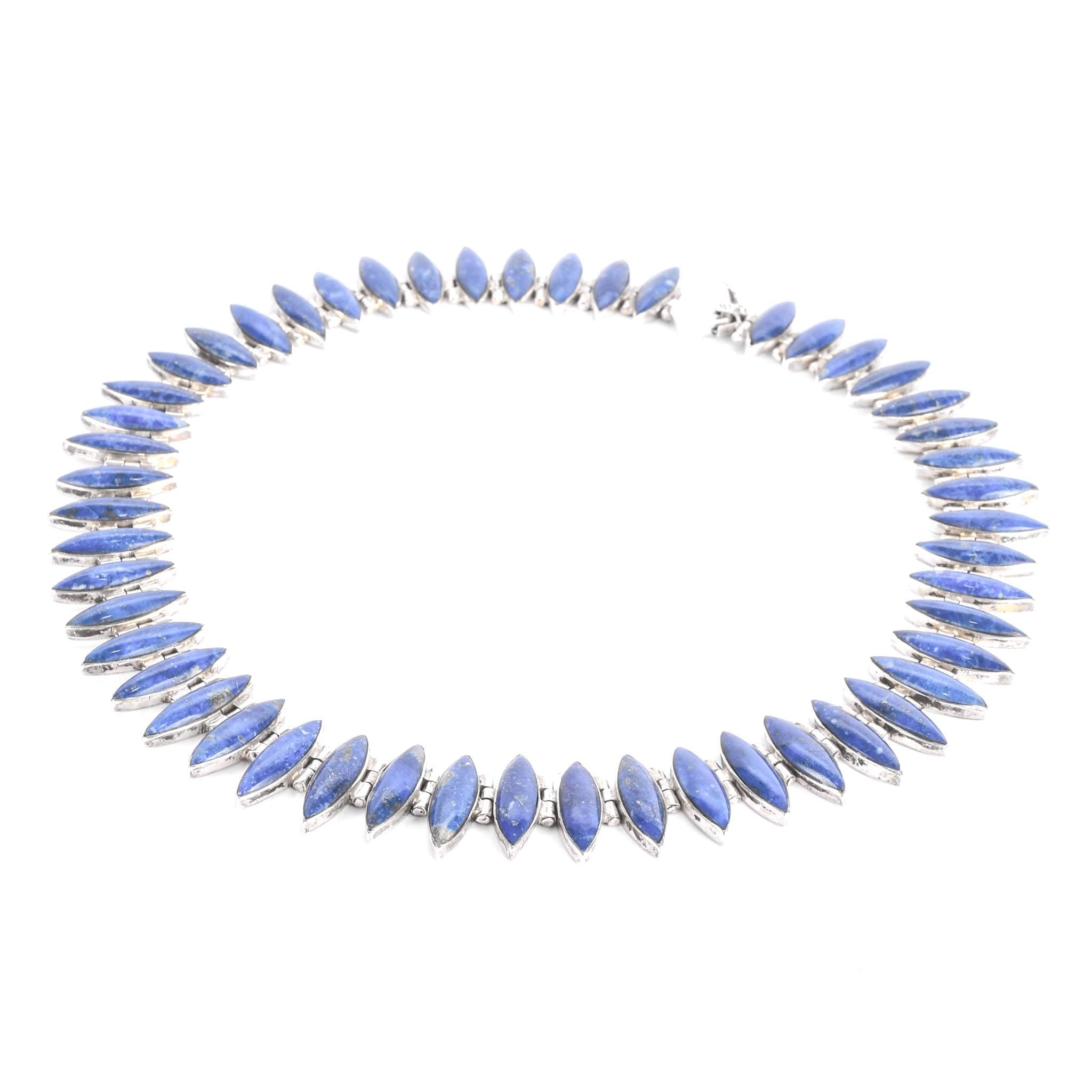 Sterling Silver & Lapis Lazuli Marquise Cabochon Collar Necklace
