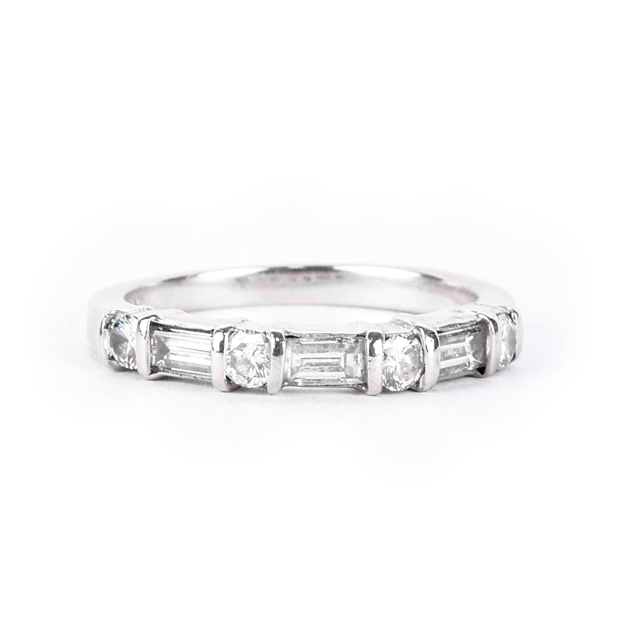 18K White Gold Natural Round and Baguette Diamond Wedding Band