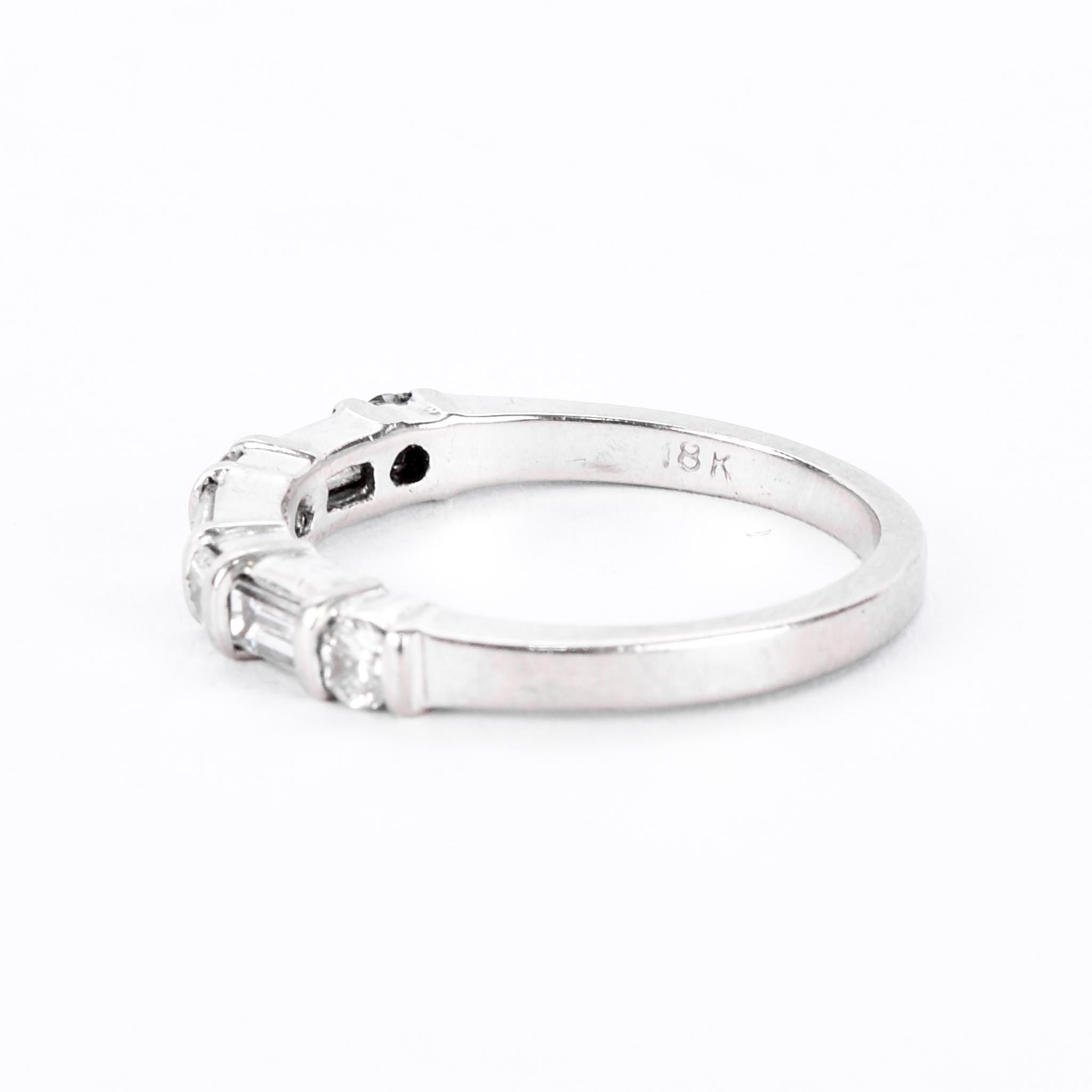 18K White Gold Natural Round and Baguette Diamond Wedding Band
