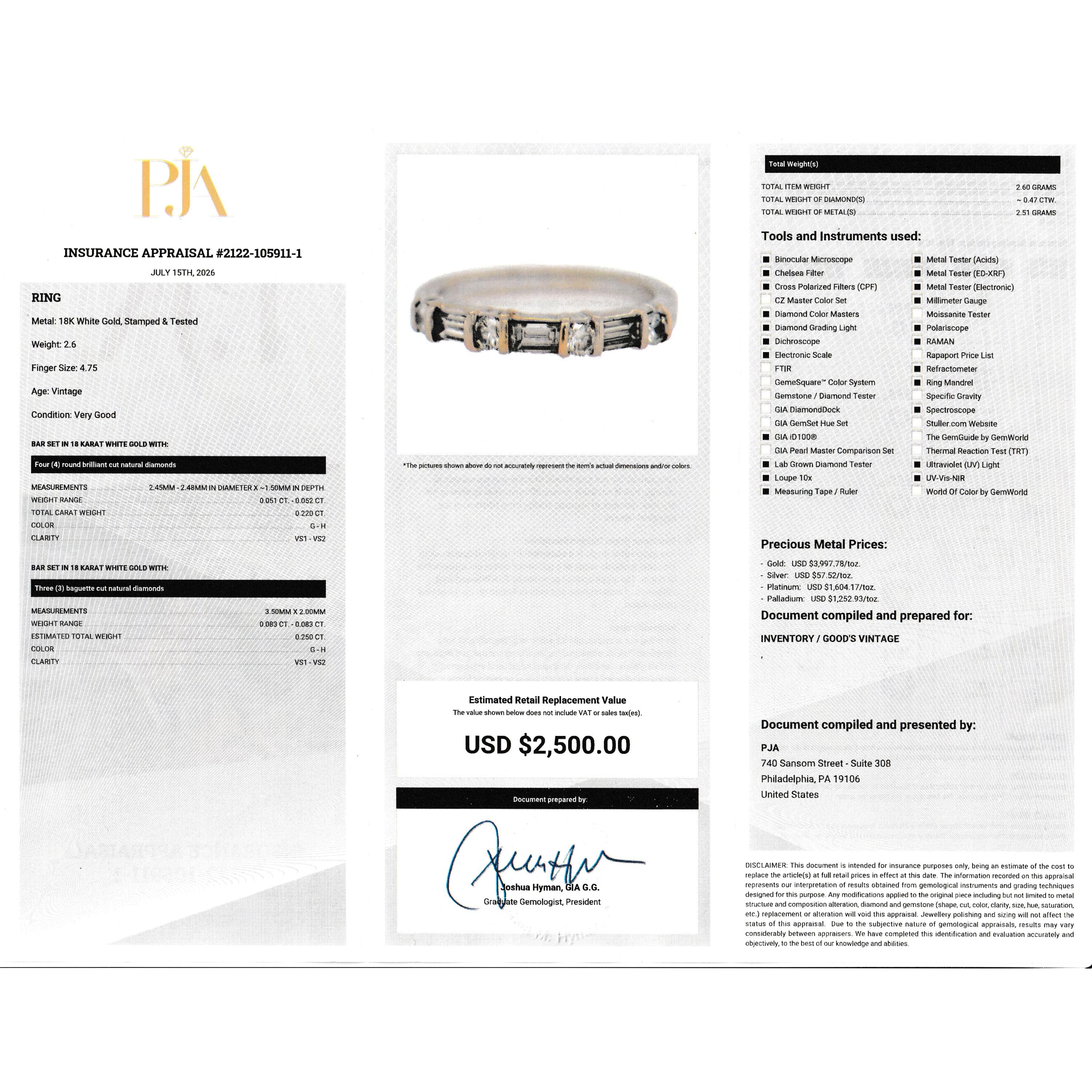 18K White Gold Natural Round and Baguette Diamond Wedding Band