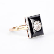 18K Gold & Platinum Old Mine Cut Natural Diamond in Onyx Statement Ring
