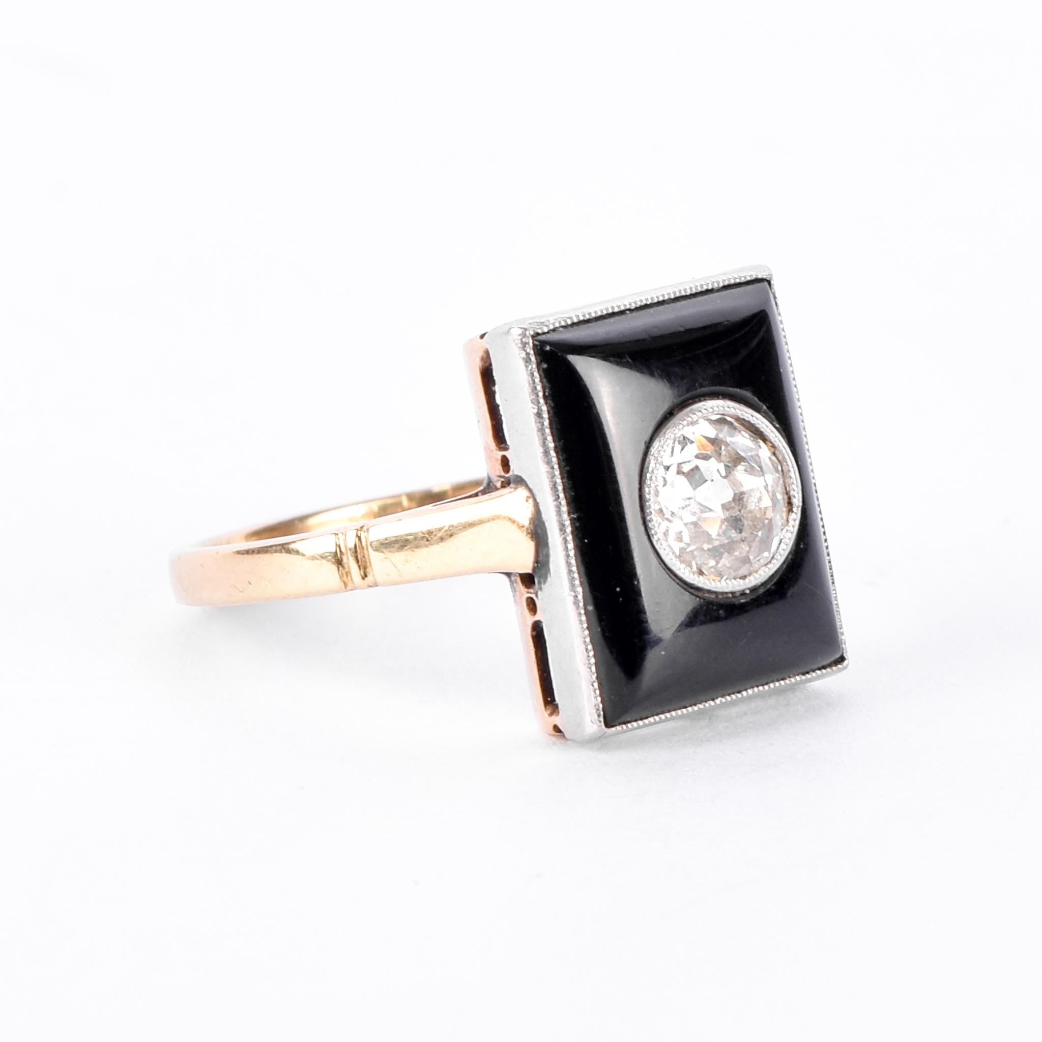 18K Gold & Platinum Old Mine Cut Natural Diamond in Onyx Statement Ring