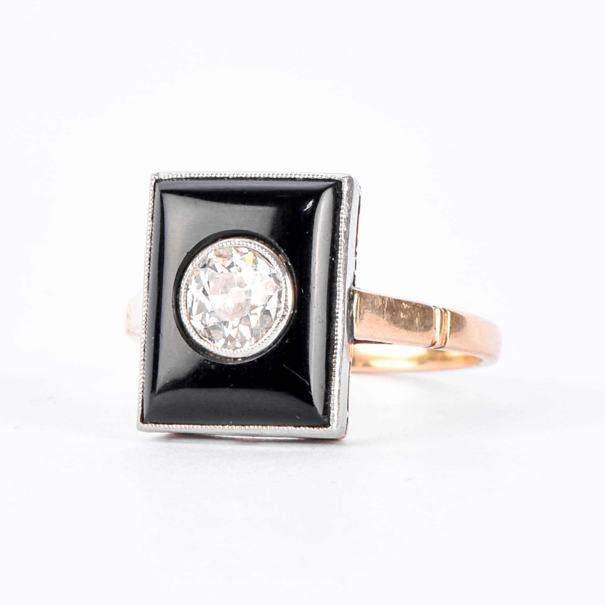 18K Gold & Platinum Old Mine Cut Natural Diamond in Onyx Statement Ring