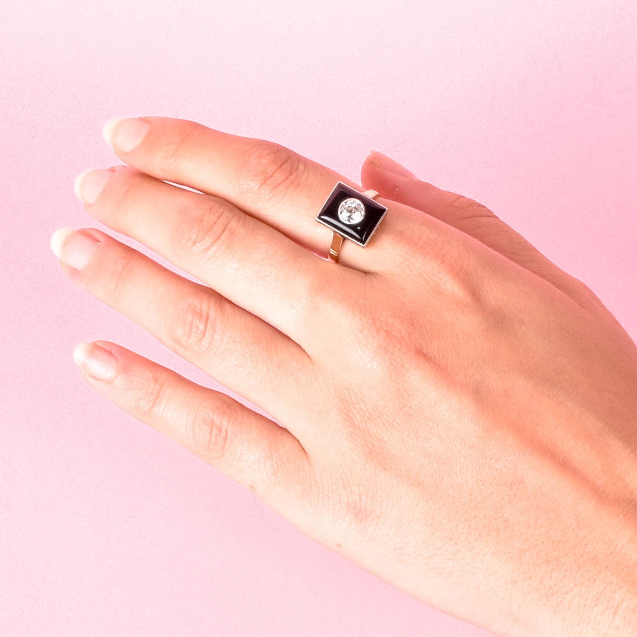 18K Gold & Platinum Old Mine Cut Natural Diamond in Onyx Statement Ring