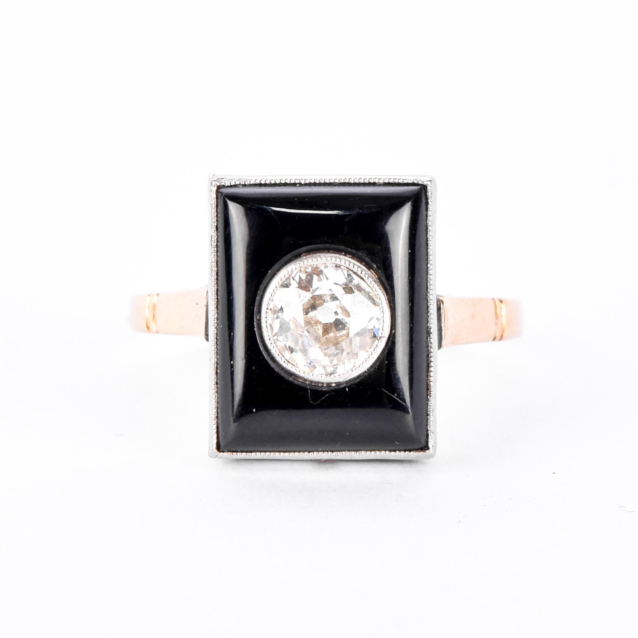 18K Gold & Platinum Old Mine Cut Natural Diamond in Onyx Statement Ring