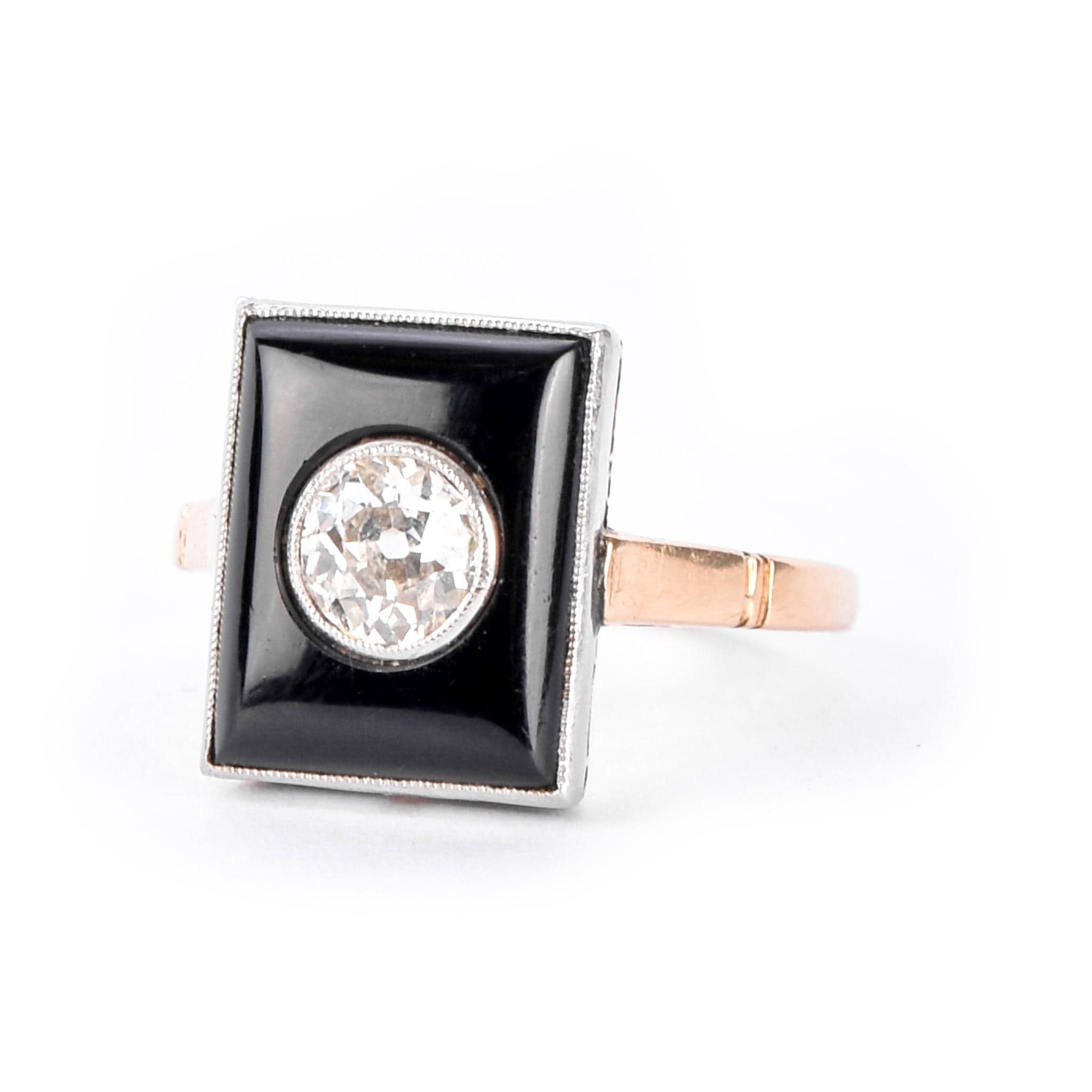 18K Gold & Platinum Old Mine Cut Natural Diamond in Onyx Statement Ring