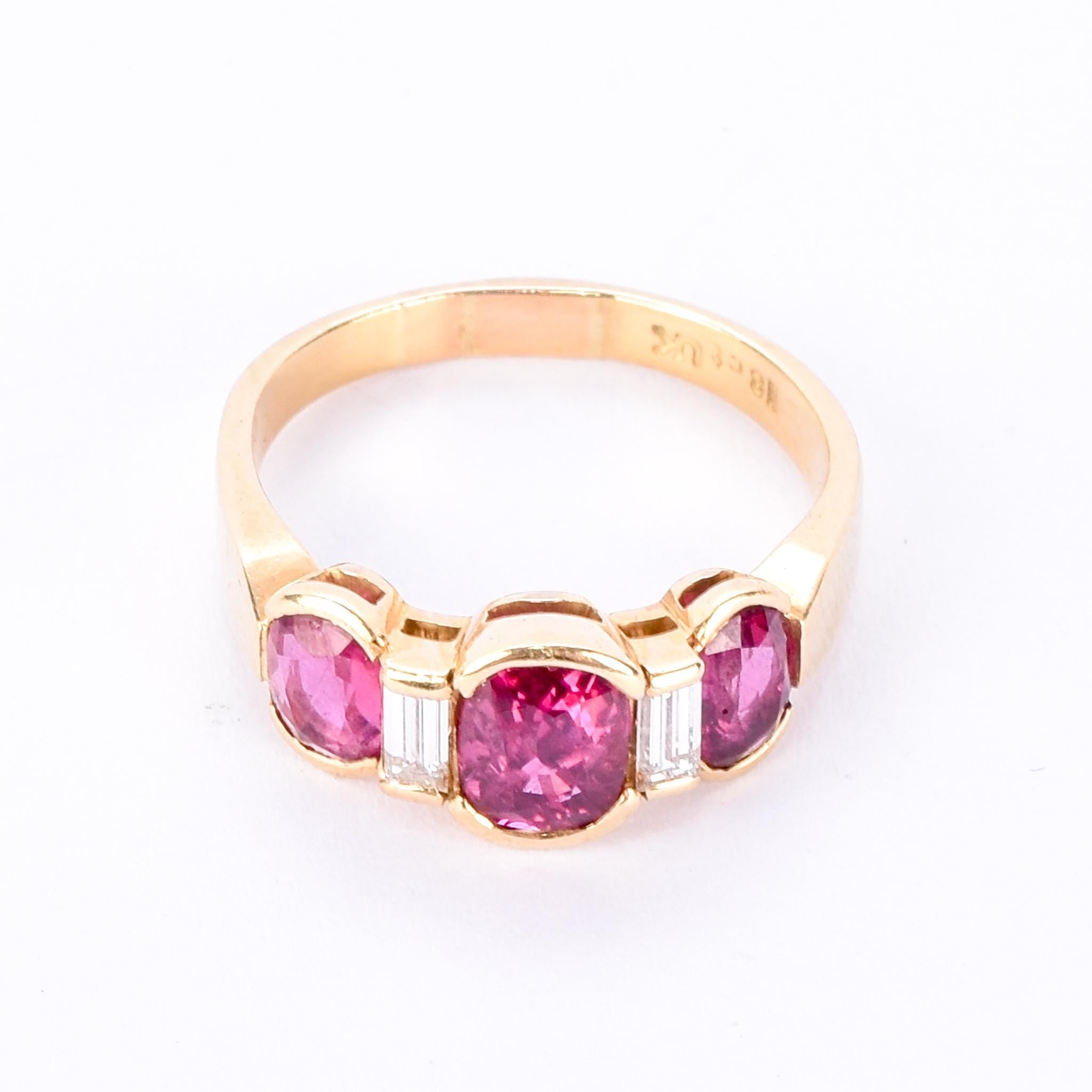 18K Gold 2.21 TCW Natural Ruby and Diamond Three Stone Statement Ring