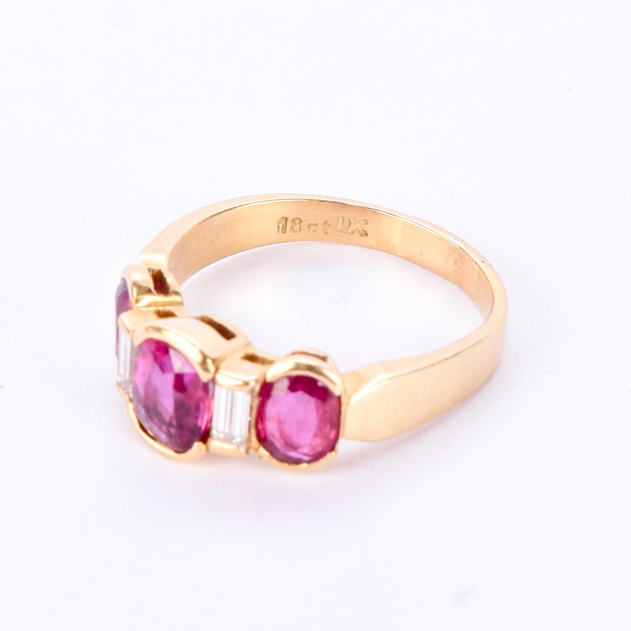 18K Gold 2.21 TCW Natural Ruby and Diamond Three Stone Statement Ring