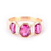 18K Gold 2.21 TCW Natural Ruby and Diamond Three Stone Statement Ring