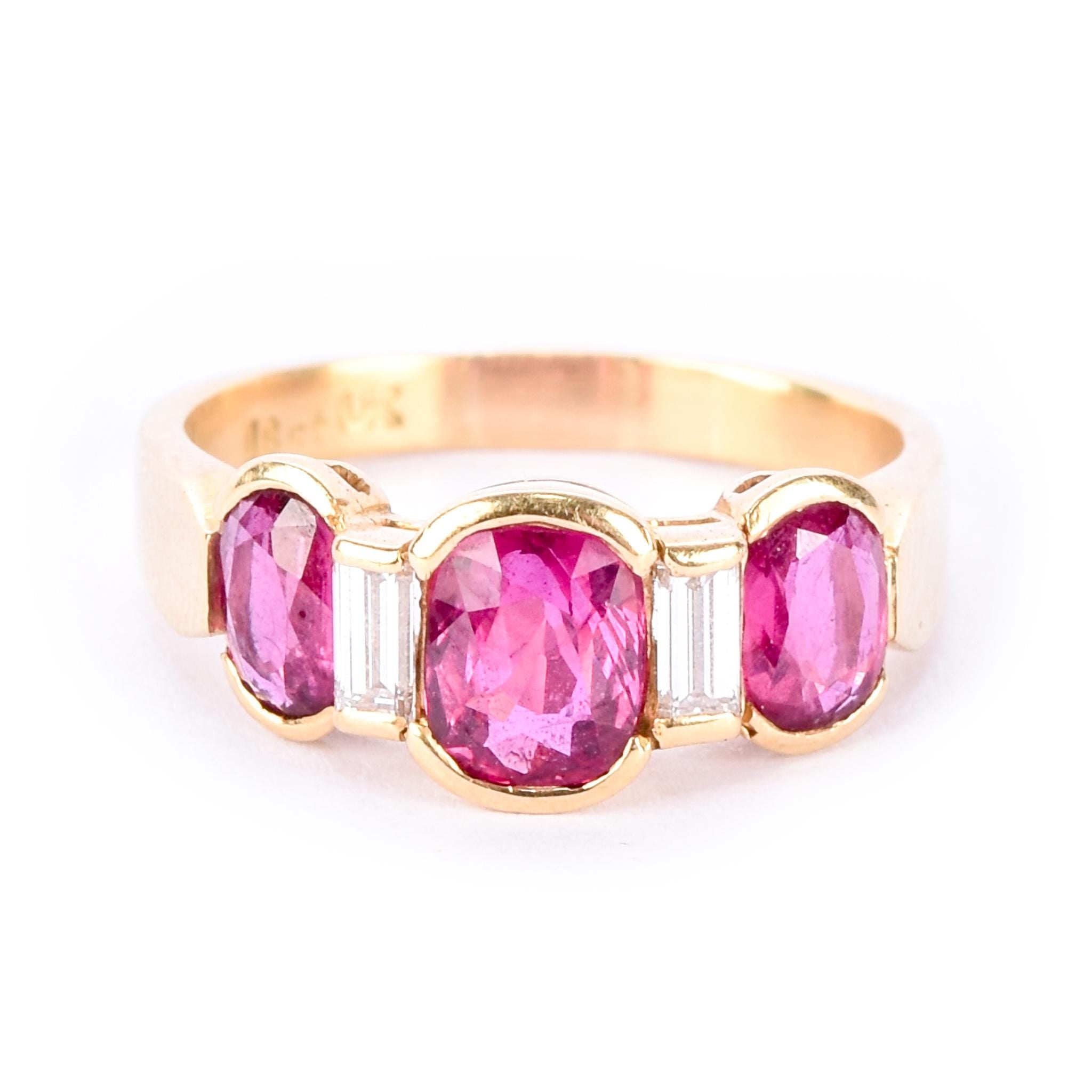 18K Gold 2.21 TCW Natural Ruby and Diamond Three Stone Statement Ring
