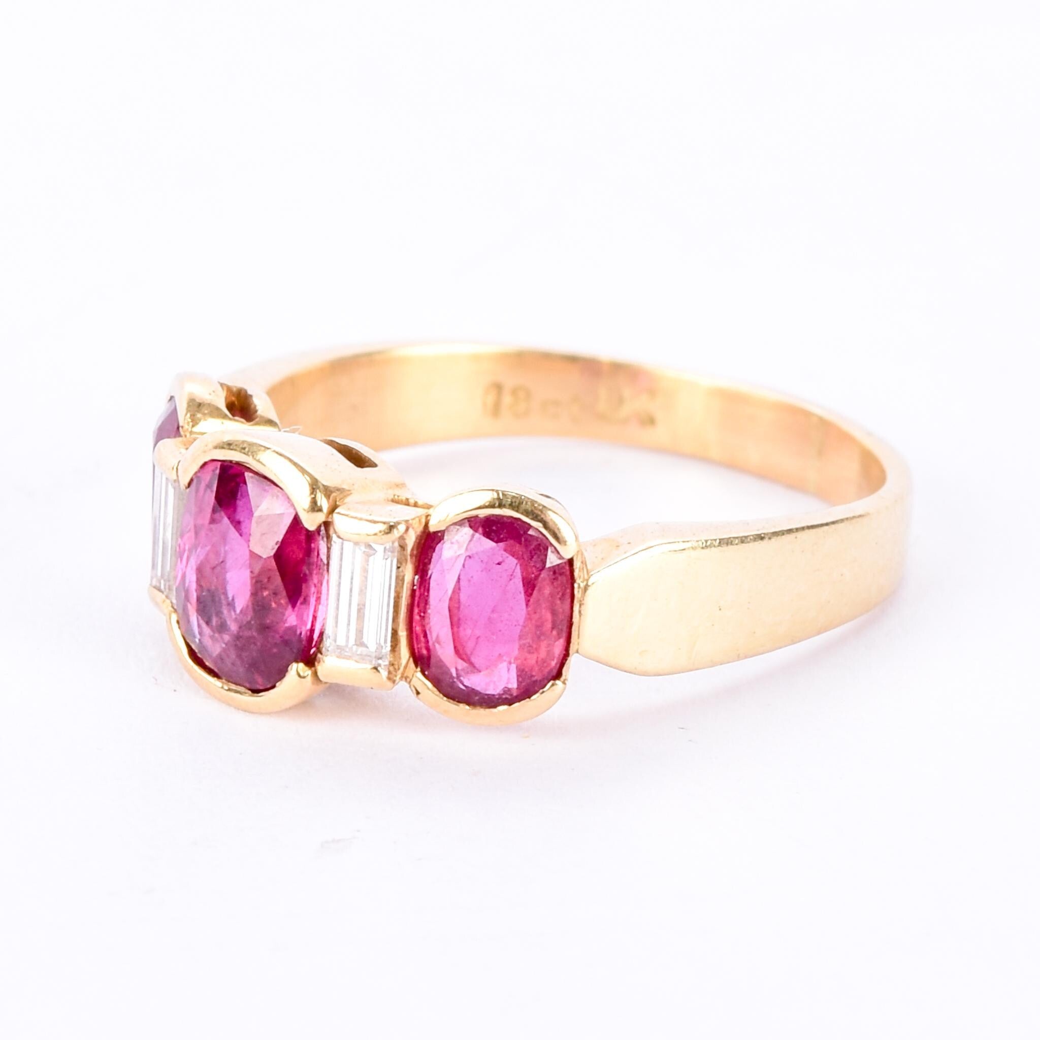 18K Gold 2.21 TCW Natural Ruby and Diamond Three Stone Statement Ring