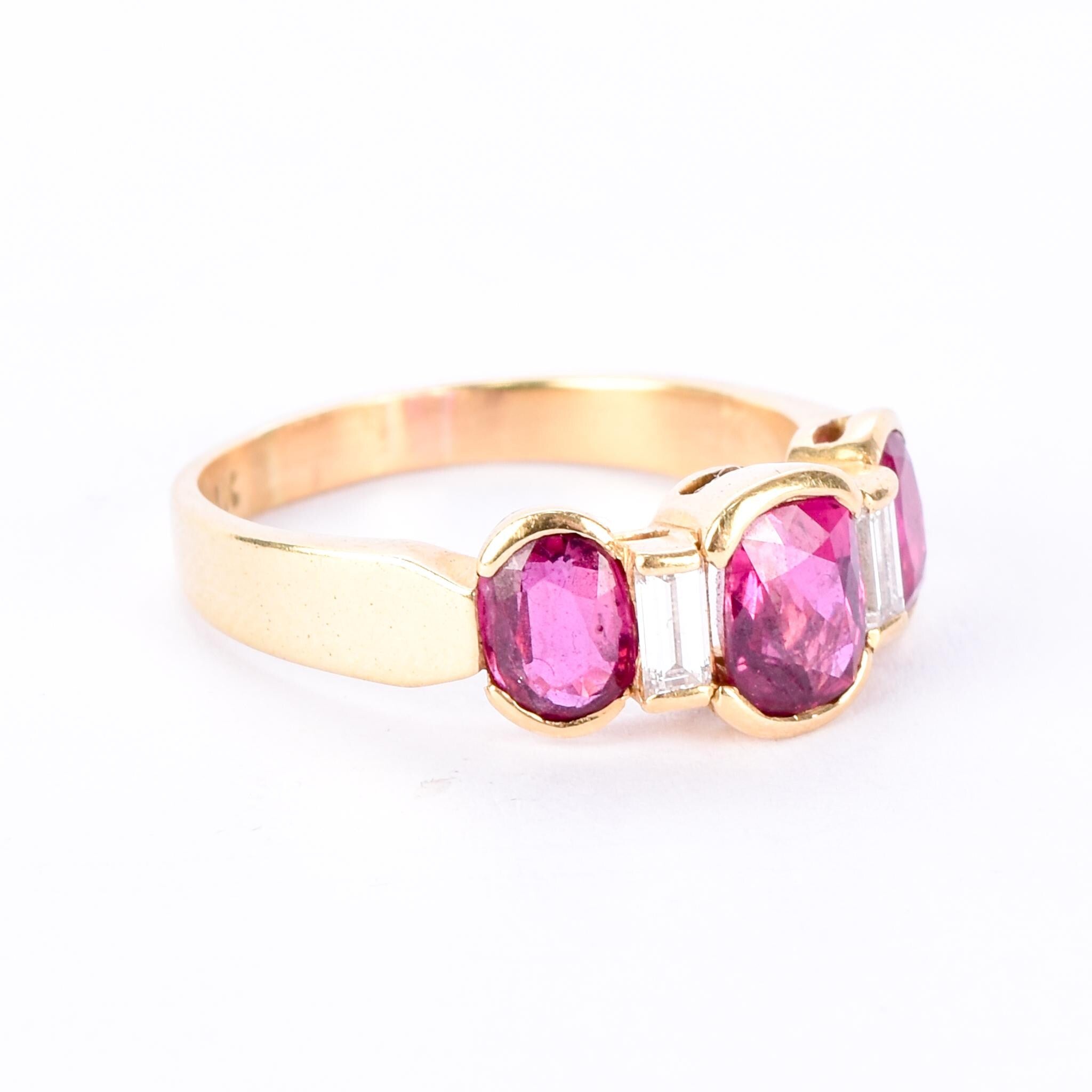 18K Gold 2.21 TCW Natural Ruby and Diamond Three Stone Statement Ring