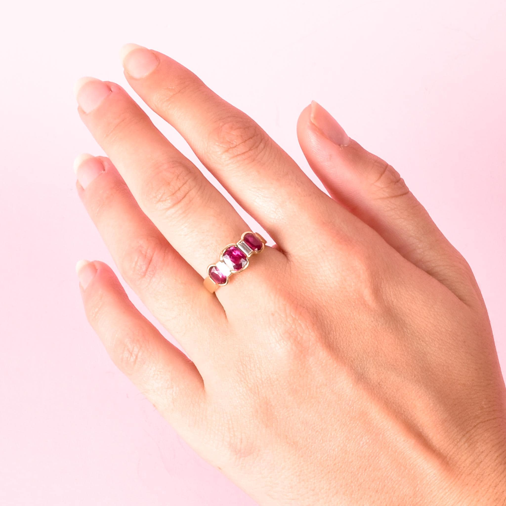 18K Gold 2.21 TCW Natural Ruby and Diamond Three Stone Statement Ring