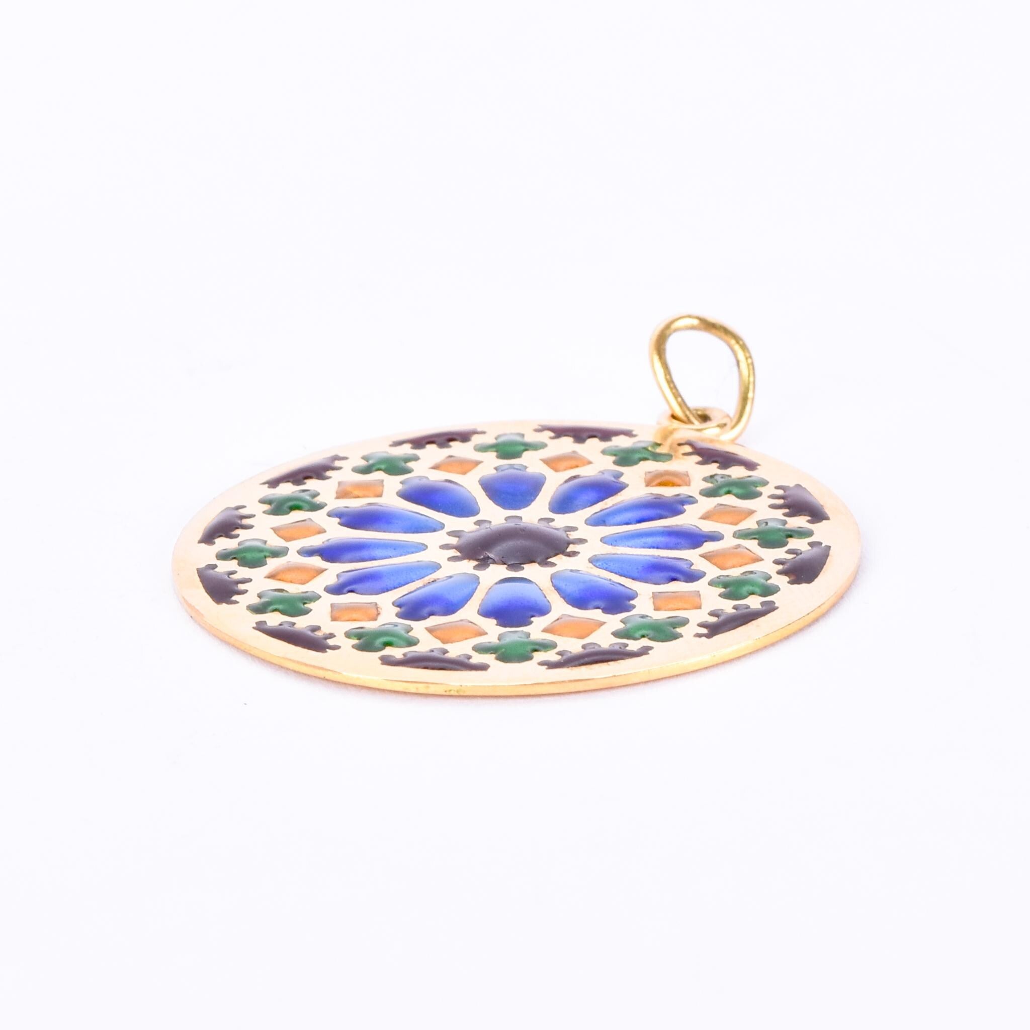 18K Gold French Art Deco Large Plique-à-Jour Pendant