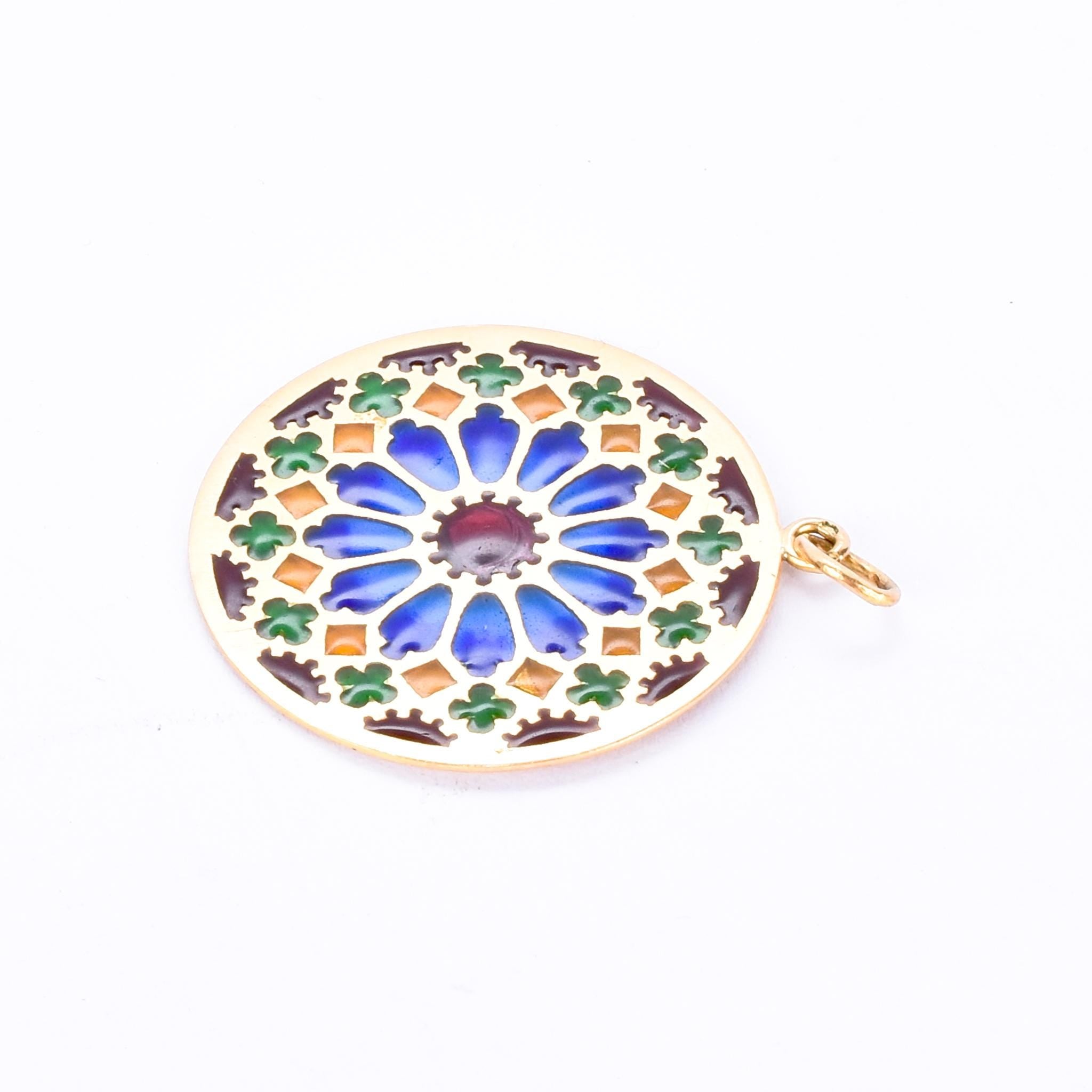 18K Gold French Art Deco Large Plique-à-Jour Pendant