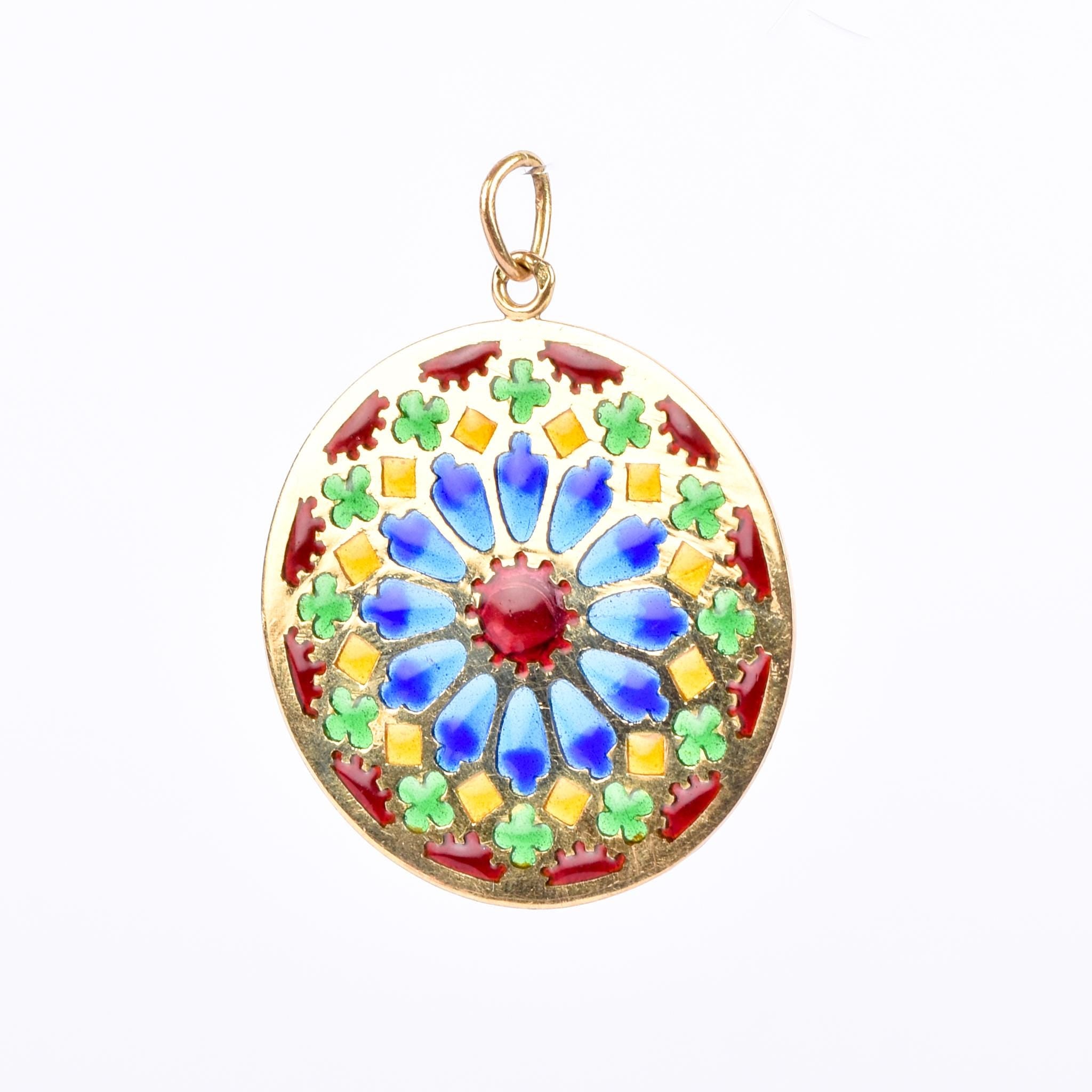 18K Gold French Art Deco Large Plique-à-Jour Pendant