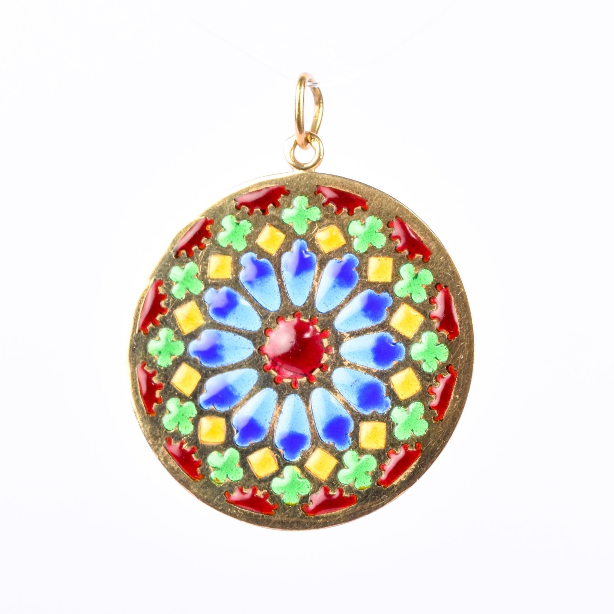 18K Gold French Art Deco Large Plique-à-Jour Pendant