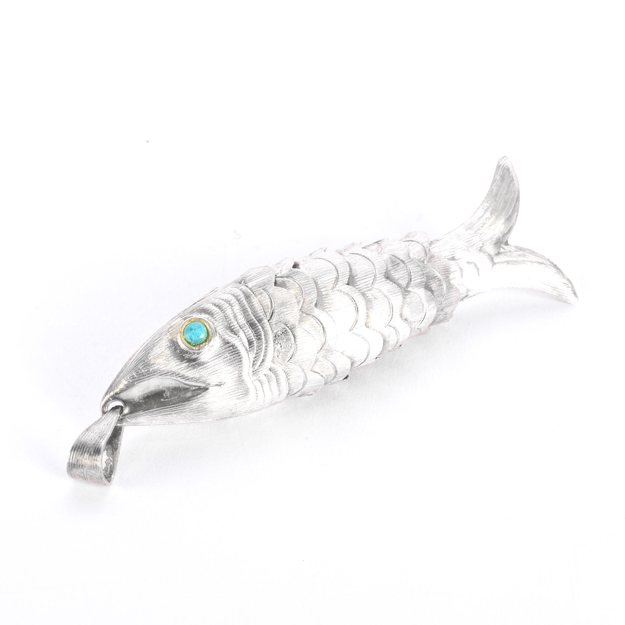 Taxco Sterling Silver Articulated Fish Pendant with Turquoise Eye