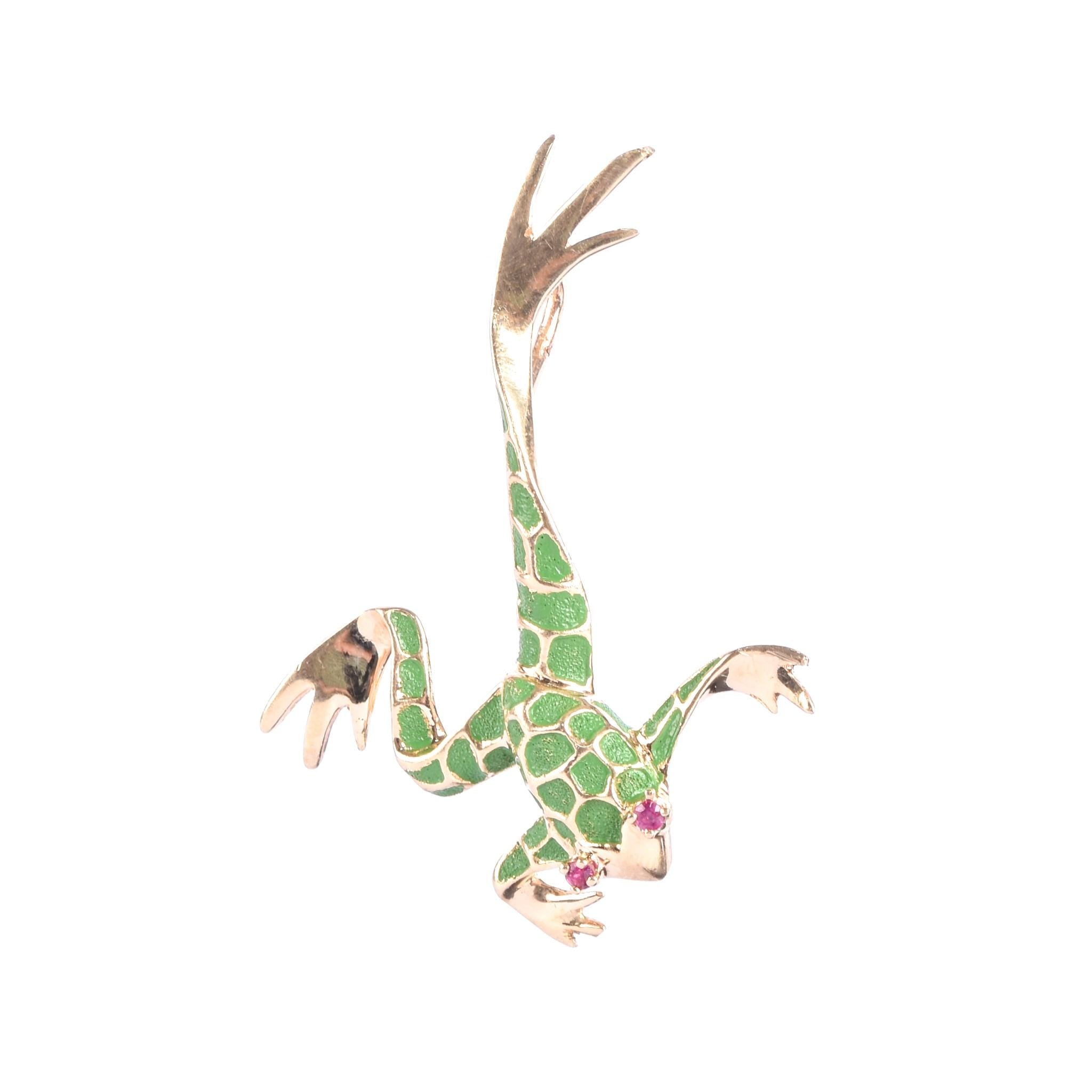 14K Gold & Ruby Leaping Frog Pendant