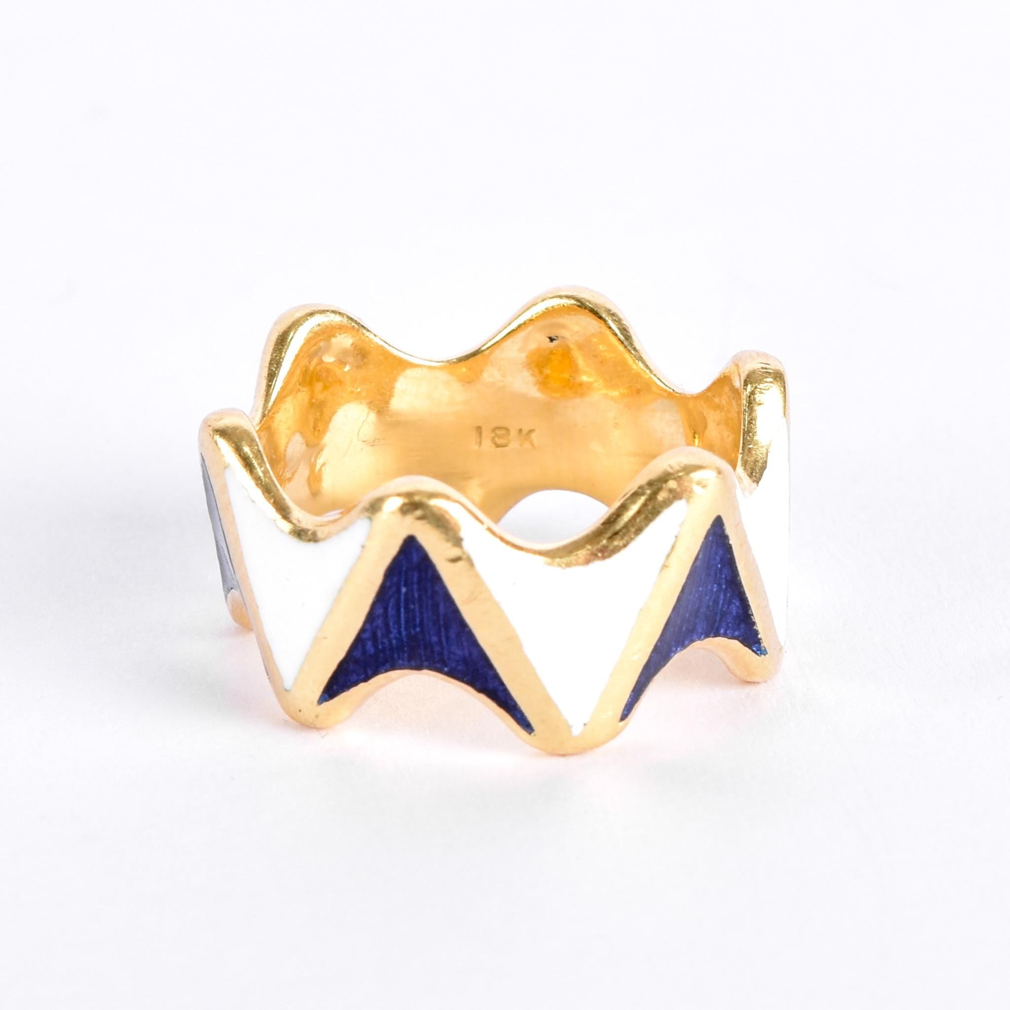 18K Gold and Enamel Blue & White Geometric Statement Band