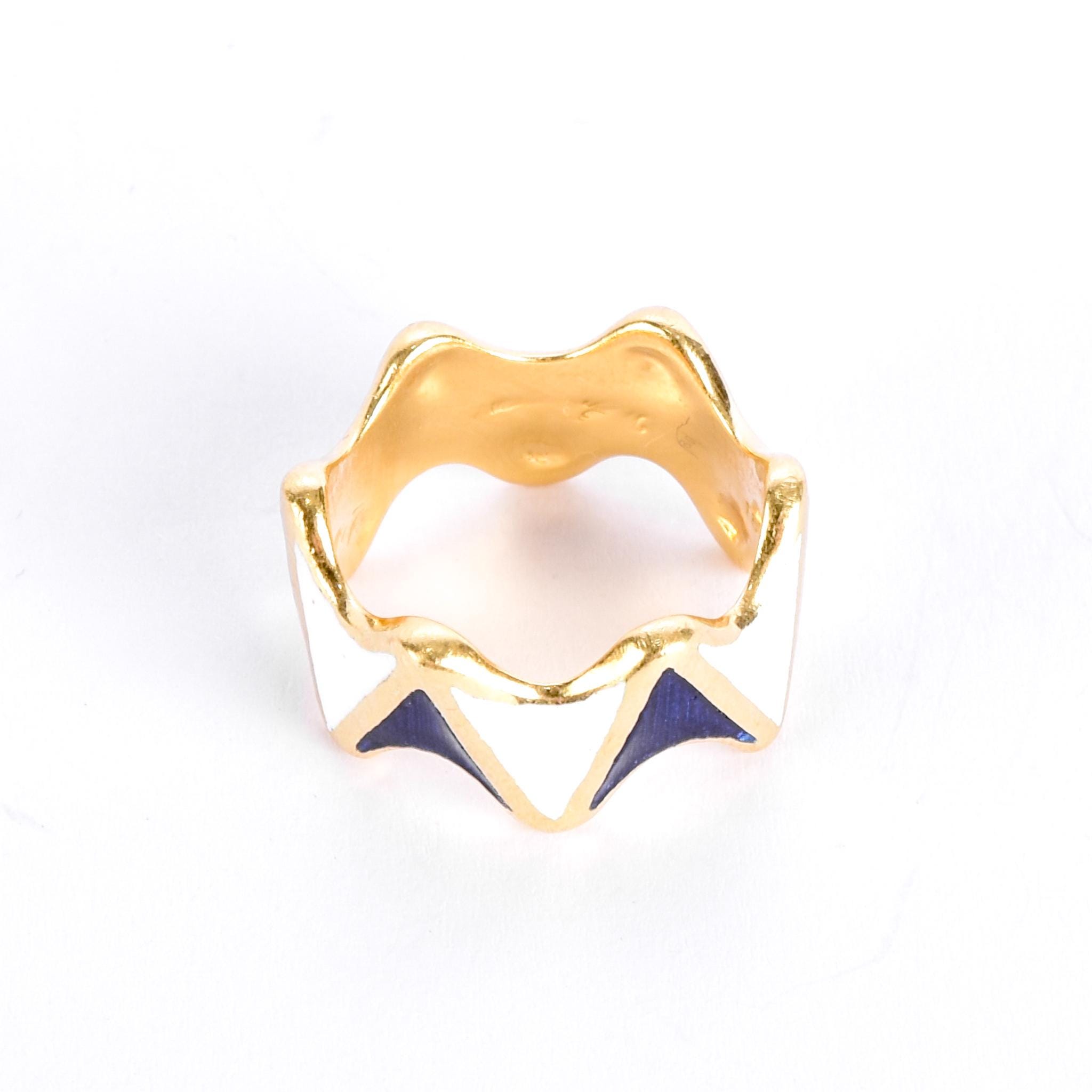 18K Gold and Enamel Blue & White Geometric Statement Band