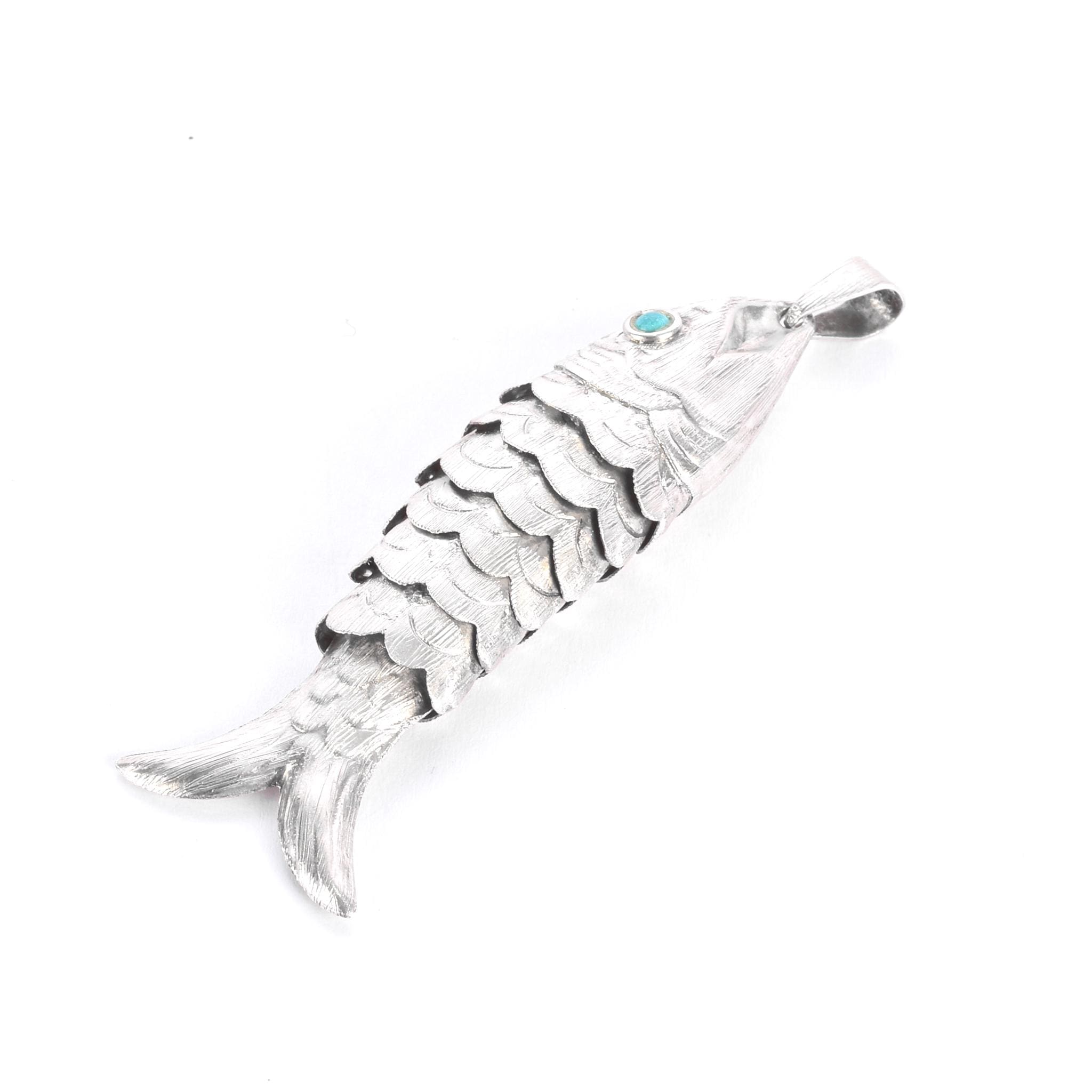 Taxco Sterling Silver Articulated Fish Pendant with Turquoise Eye