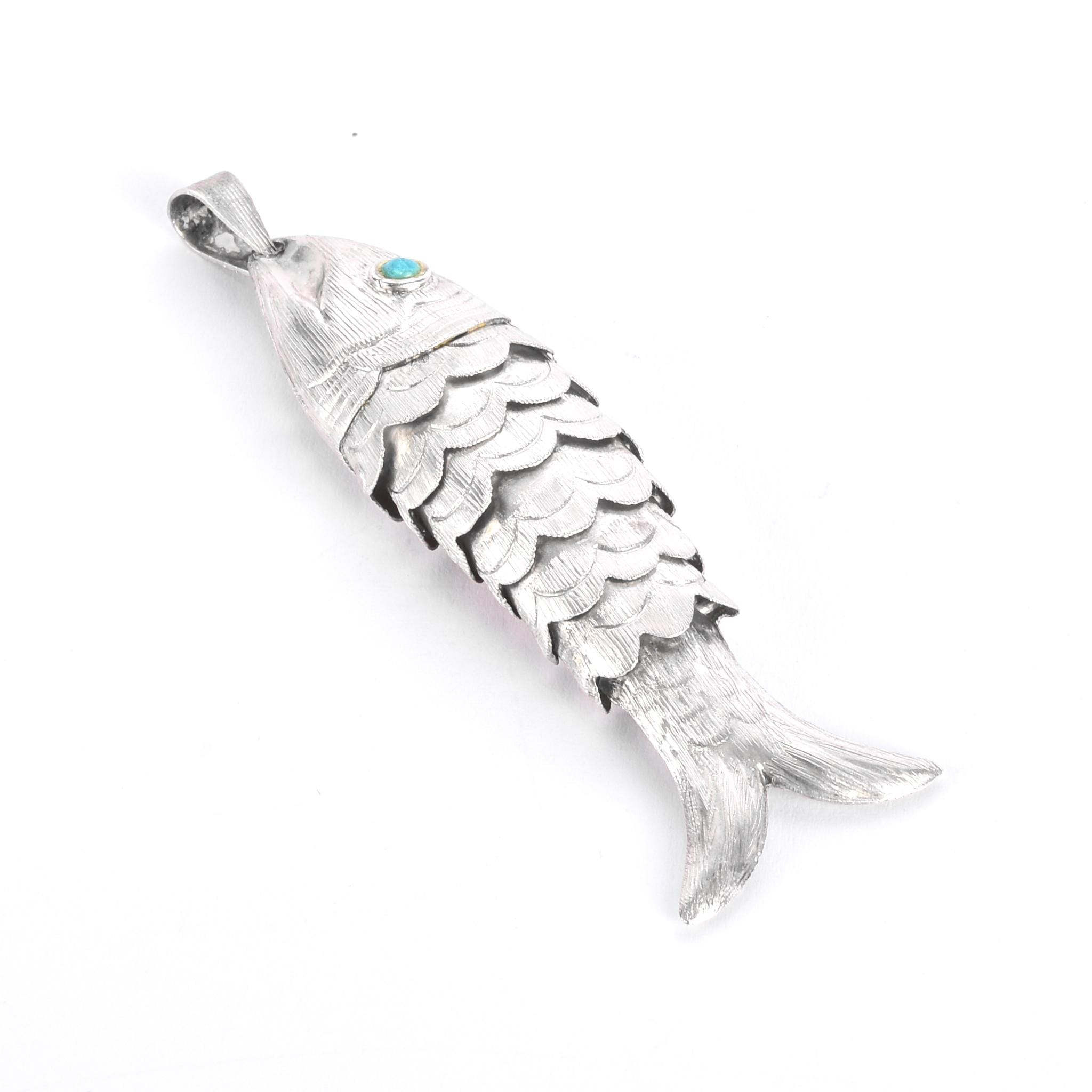 Taxco Sterling Silver Articulated Fish Pendant with Turquoise Eye