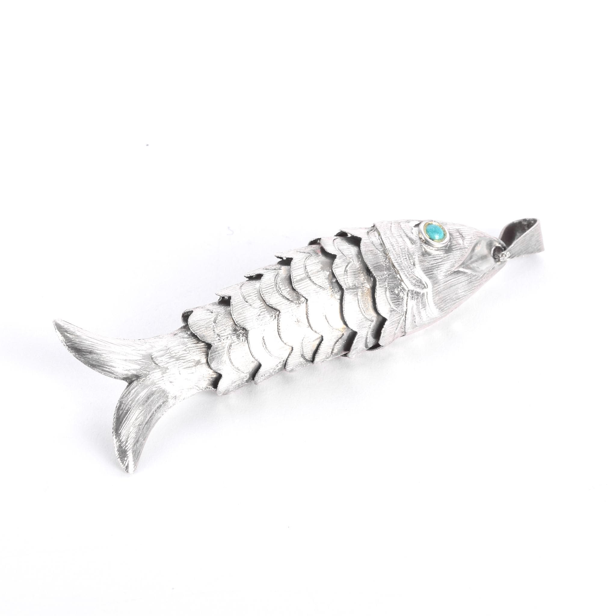 Taxco Sterling Silver Articulated Fish Pendant with Turquoise Eye