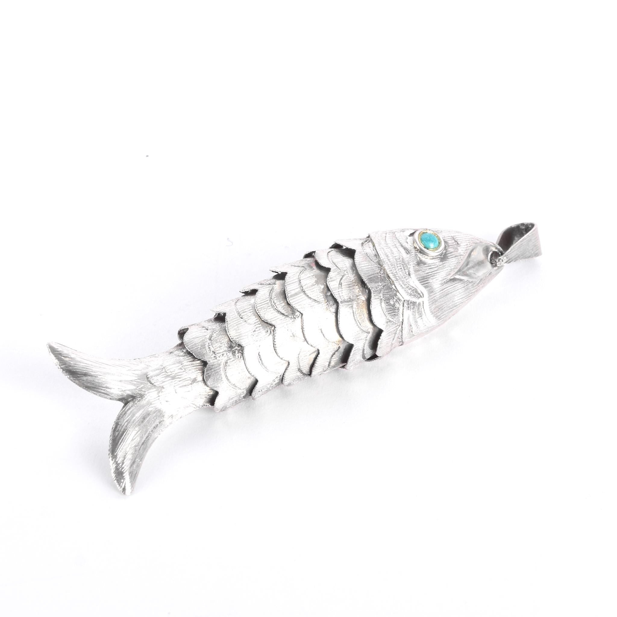 Taxco Sterling Silver Articulated Fish Pendant with Turquoise Eye